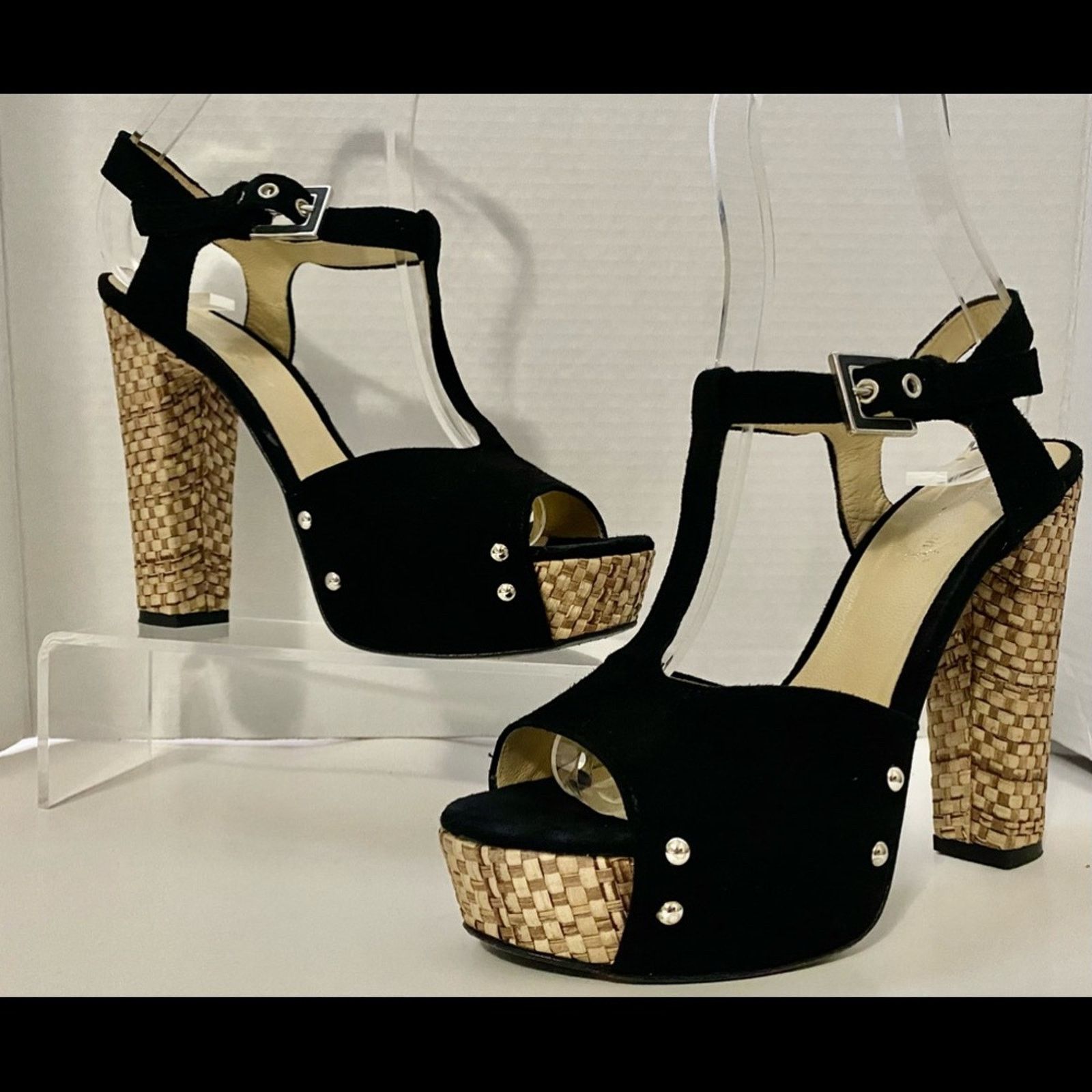 & Other Stories Gianni Ferrante black suede T-strap w/ straw heel platform . Size US 10 / IT 40 - 1 Thumbnail