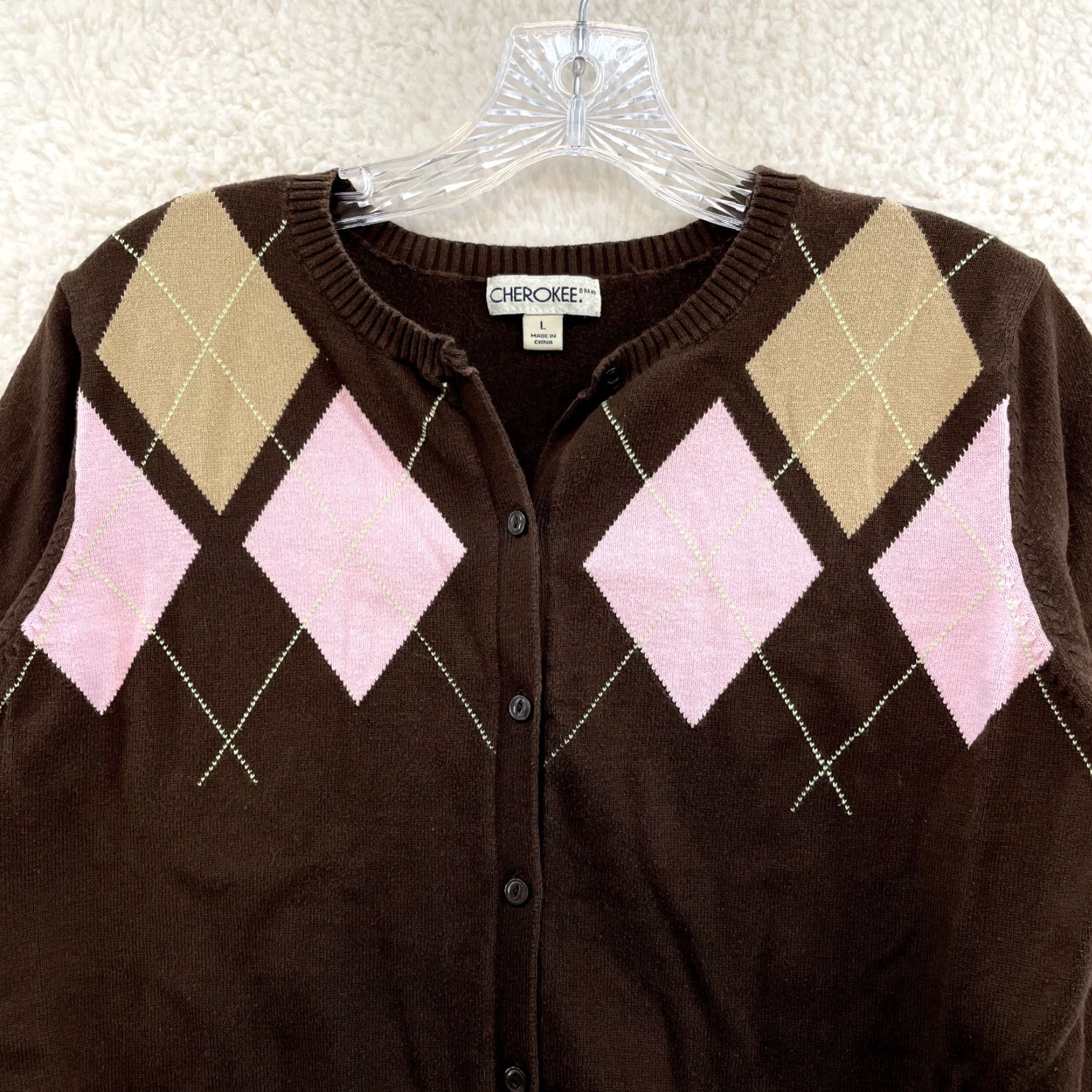 Cherokee VINTAGE Y2K Cardigan Brown Pink Argyle Diamond Preppy Academia Corpcore Large L Womens M/L Cherokee Knit Shirt Size L / US 10 / IT 46 - 3 Thumbnail