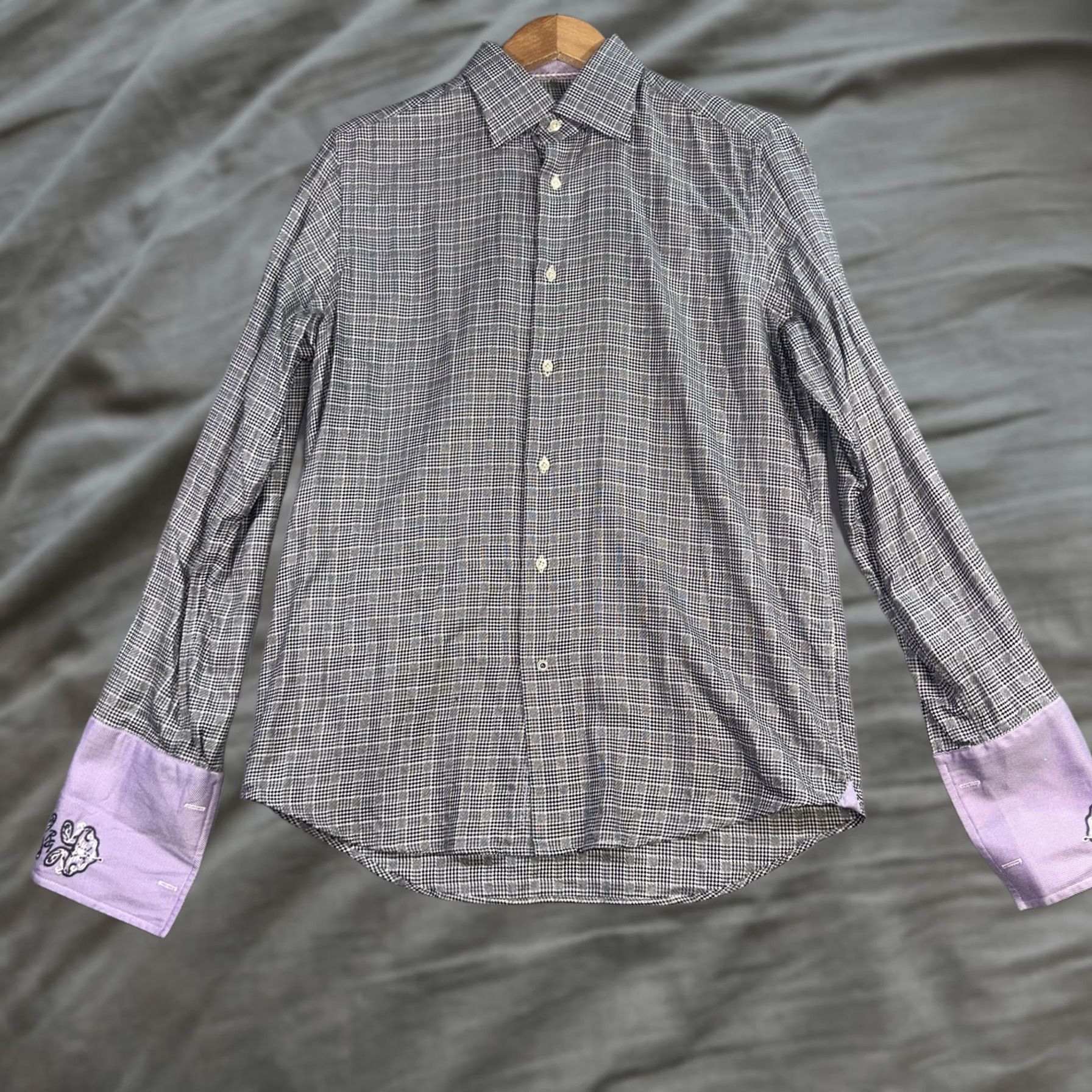 Robert Graham Robert Graham Shirt Mens M Gray Plaid Dress Long Sleeve French Cuff Purple Size 40R - 1 Thumbnail