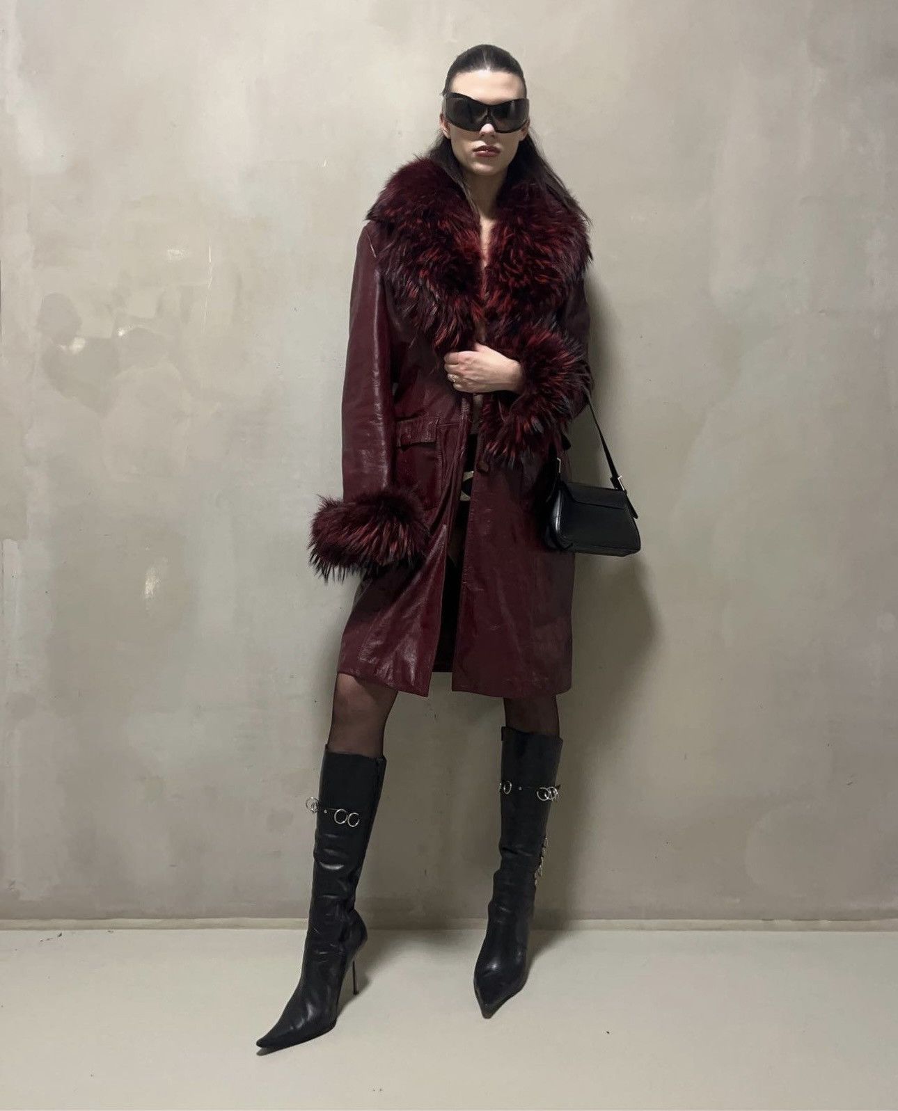 image of Vintage Real Leather And Fur Coat in Red, Women's (Size Large)