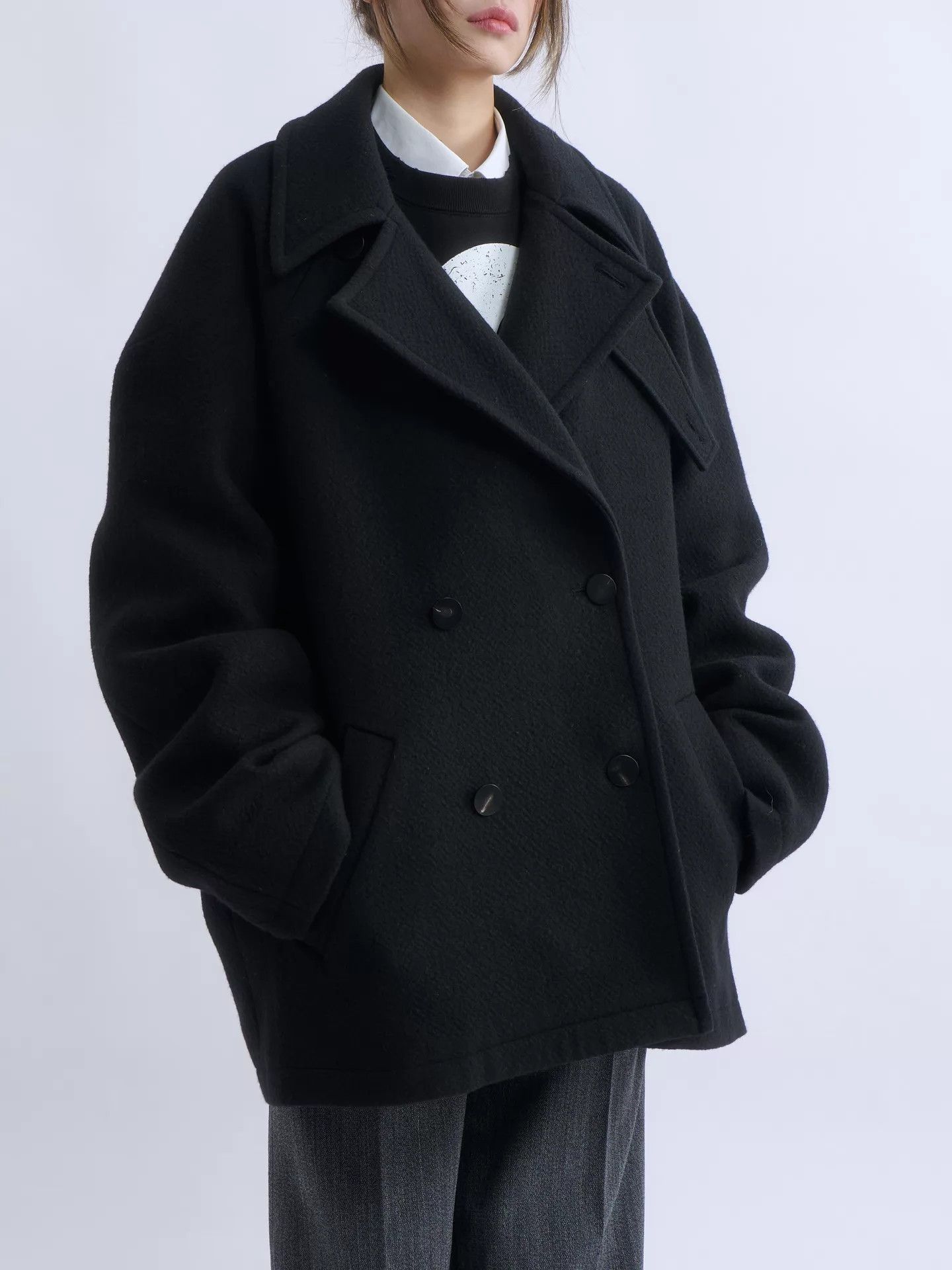 Structure STRUCTURA black boxy double-breasted wool short pea coat Size M / US 6-8 / IT 42-44 - 1 Thumbnail