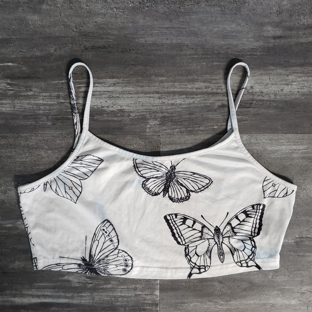 Shein White Blue Butterfly SHEIN Cropped Tank Size L / US 10 / IT 46 - 1 Thumbnail