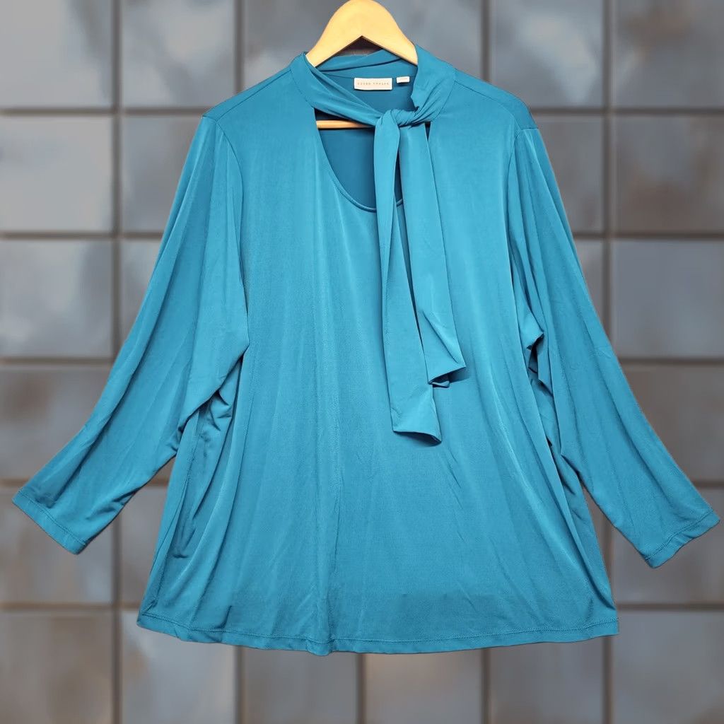 Vintage Susan Graver Blouse Womens 3X Teal Turquoise Long Sleeve Neck Tie Slinky Stretch Size XXL / US 16-18 / IT 52-54 - 1 Thumbnail