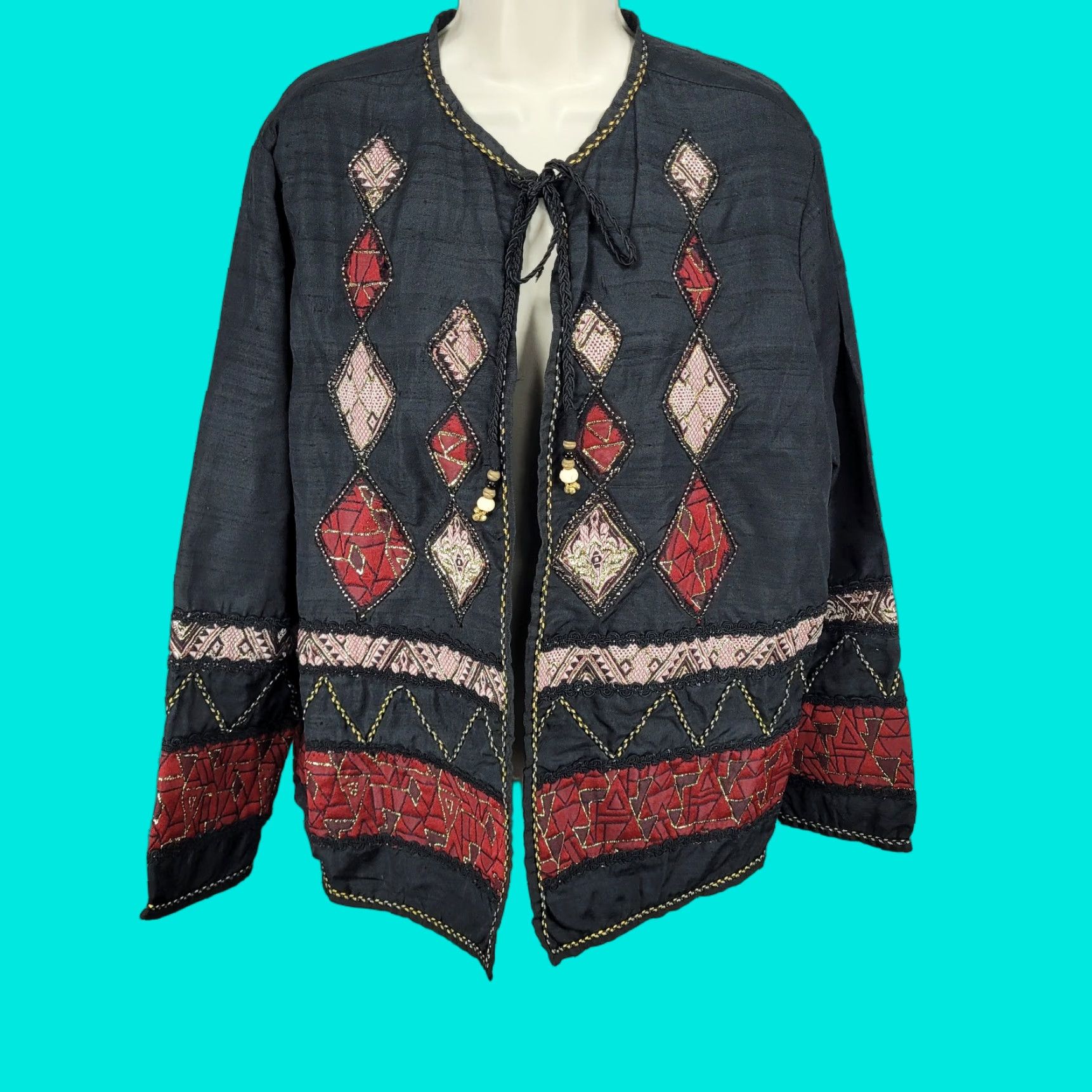 VTG Allure Black 100% Silk Tassel Embroidered Gold Lightweight Lined Jacket L