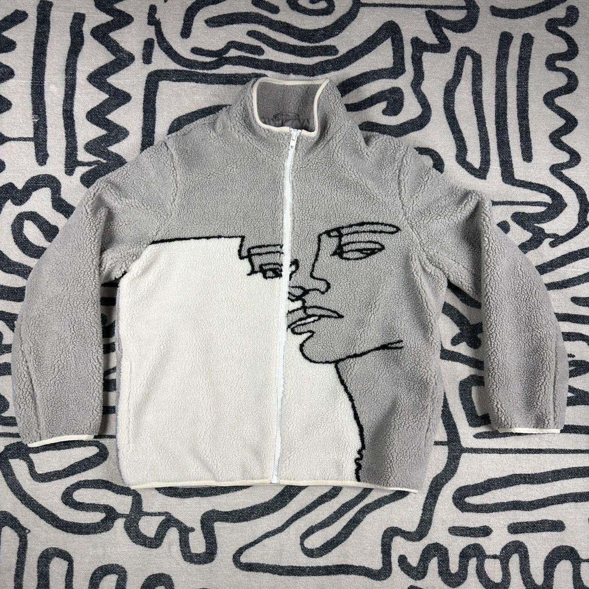 Asos Asos Design Face Design White and Grey Fleece Jacket Size L Size US L / EU 52-54 / 3 - 1 Thumbnail