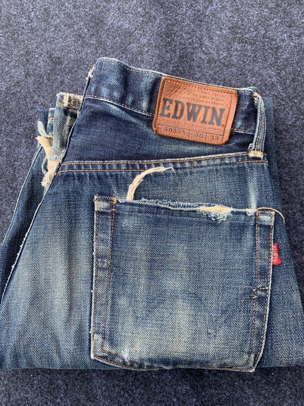 DISTRESSED EDWIN 505SX SELVEDGE DENIM FADED BLUE STYLE.