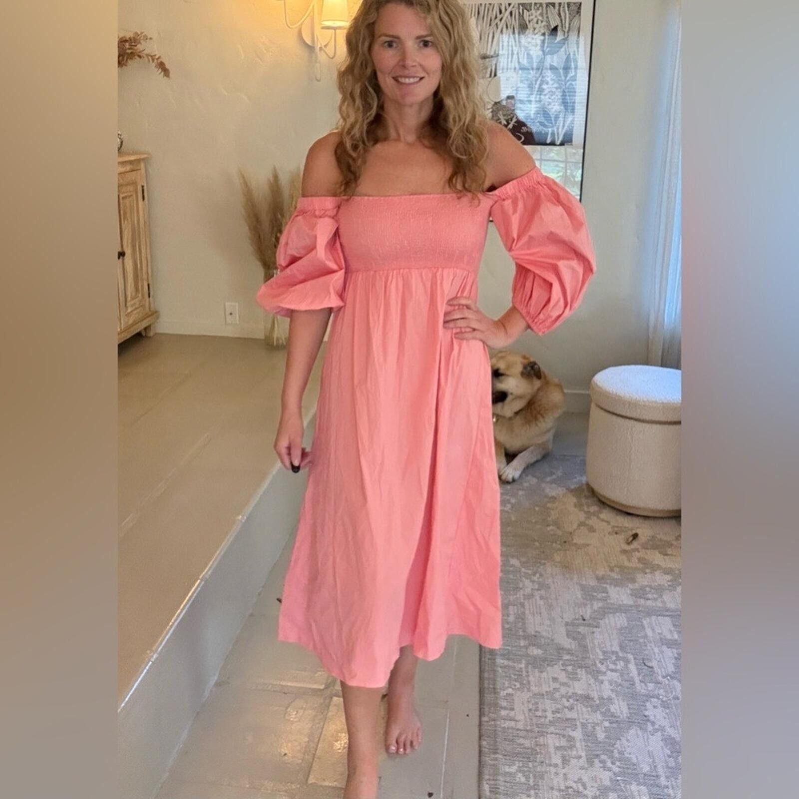Other Sotela Collection Pink Smocked Midi Dress Puff Sleeve S Size S / US 4 / IT 40 - 1 Thumbnail