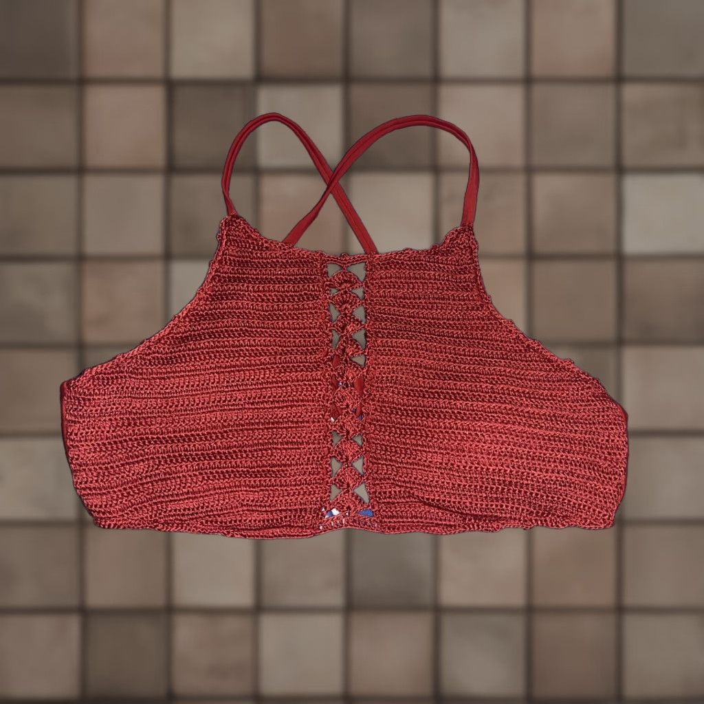Vintage VINTAGE Xhilaration Crochet Bikini Top Burgundy Women's Large Swimsuit Boho Adjustable Spaghetti Strap Size L / US 10 / IT 46 - 1 Thumbnail
