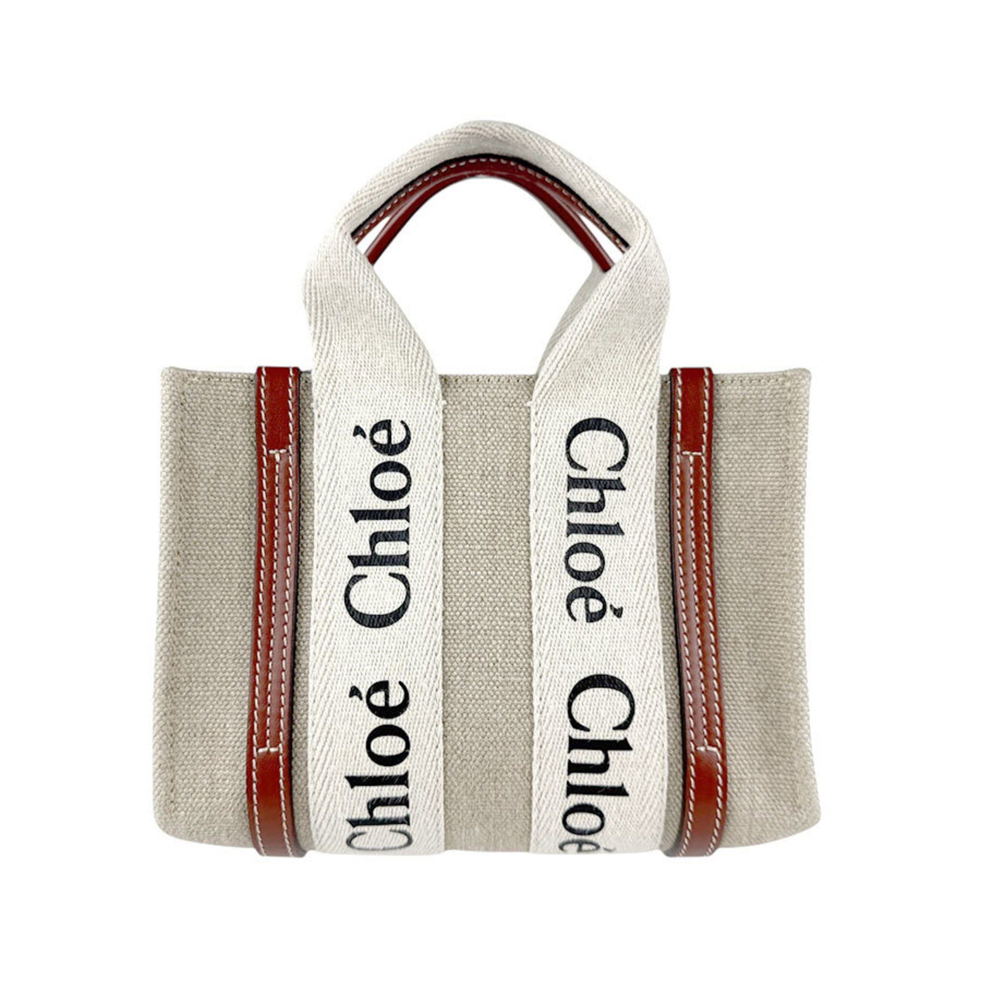 Chloé Chloe Shoulder Bag Woody Mini Linen Leather Beige X Brown Women's Z5012