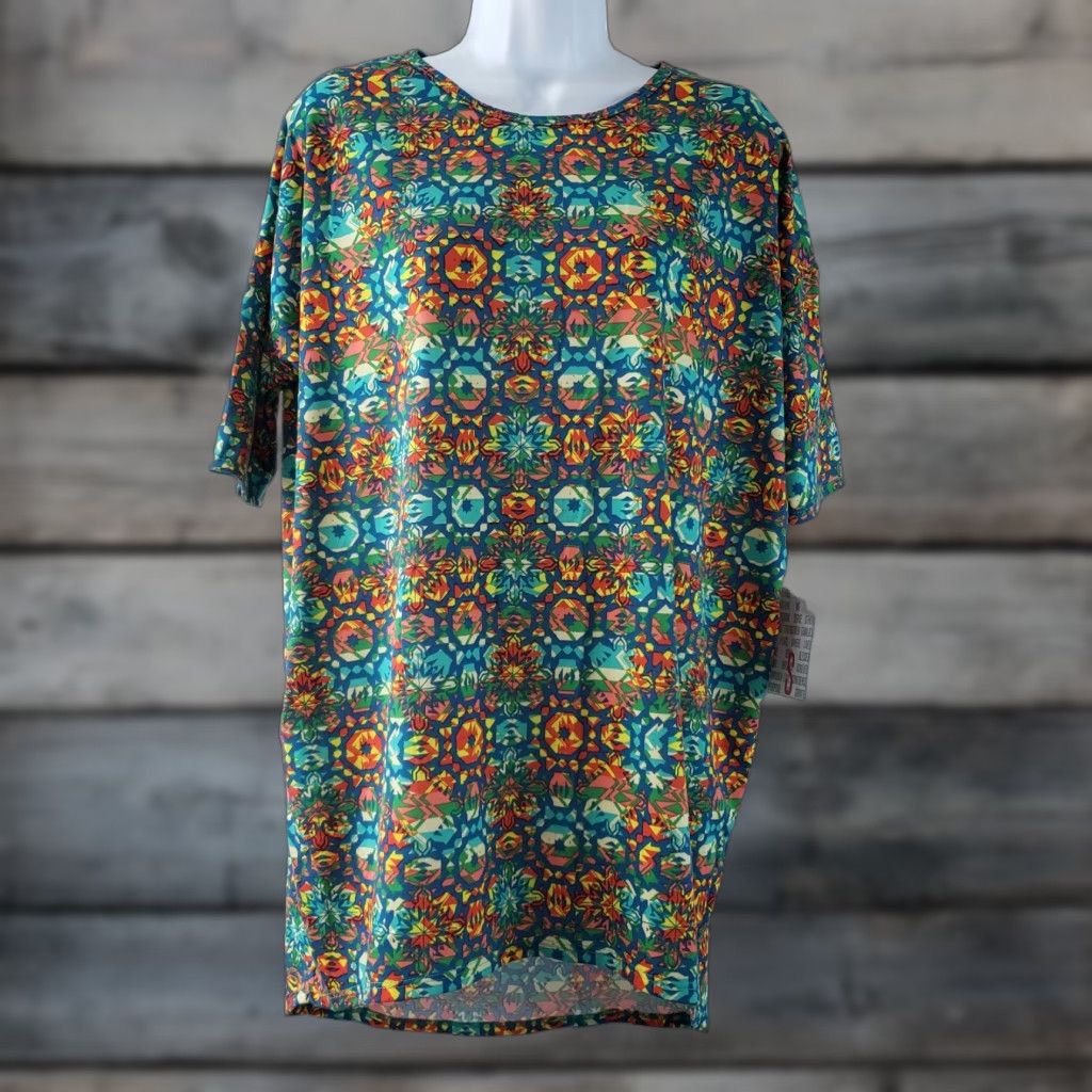 Vintage LuLaRoe Irma Top Sz S Blue Green Abstract Short Sleeve Polyester Blend Womens T-Shirt Vintage No Size S / US 4 / IT 40 - 1 Thumbnail