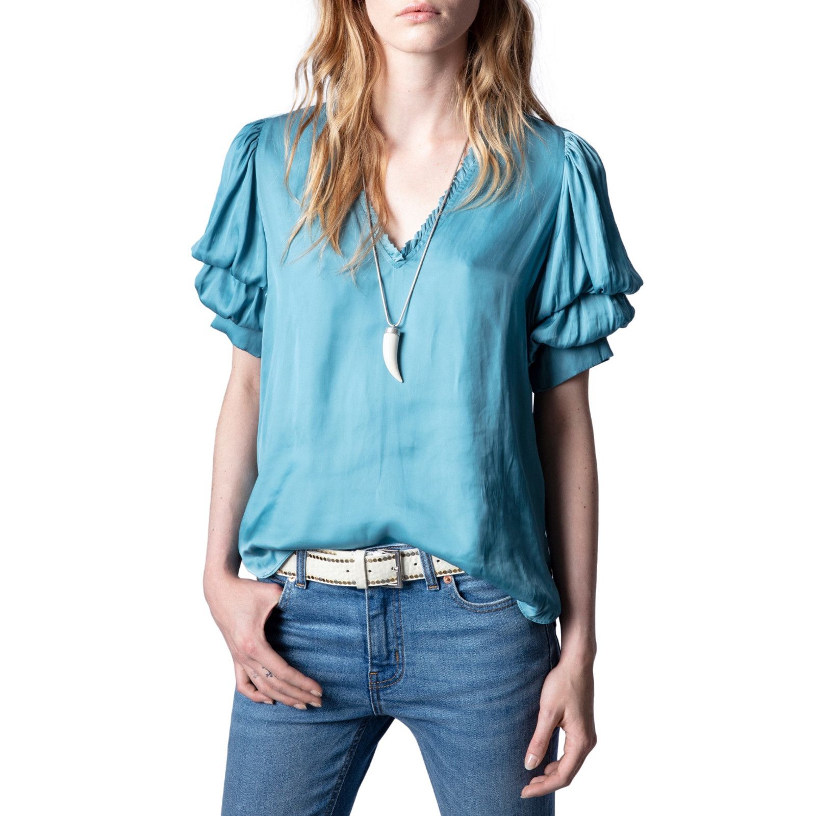 Zadig & Voltaire Taste V-Neck Satin Top Bleu Loue Size XS