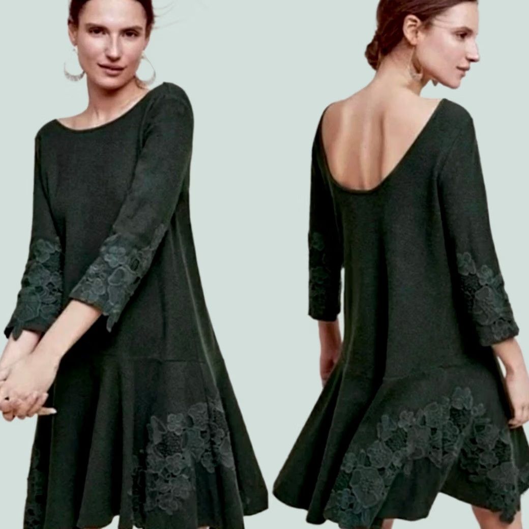Vintage Maeve Anthropologie Sweater Dress Womens XS Green Lace Tierra Drop Waist Scoop Back KnEE Length 34" 3/4 Sleeve Vintage? Size XS / US 0-2 / IT 36-38 - 1 Thumbnail