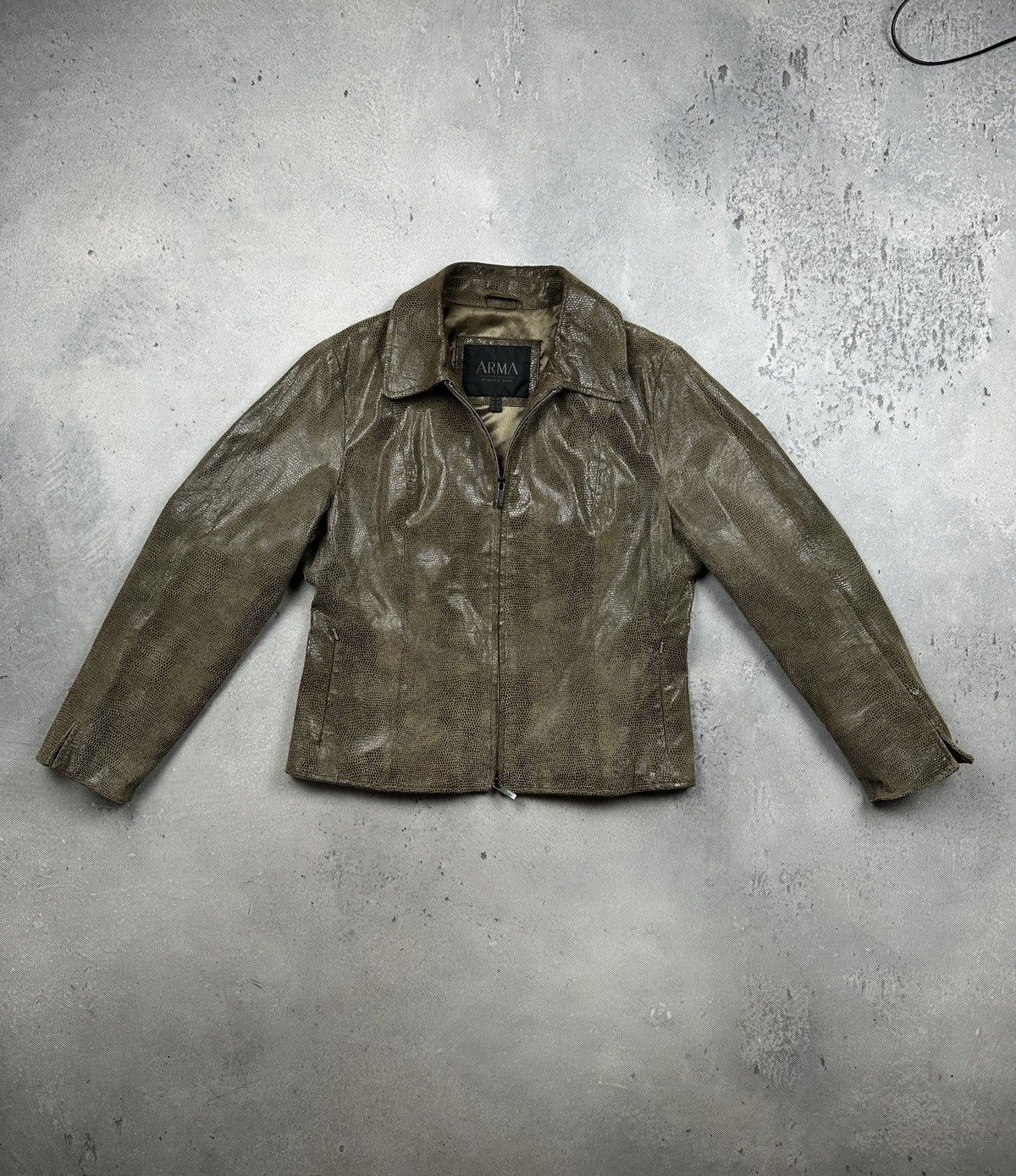 ARMA Arma Womens Croc Embossed Leather Jacket Olive Green Zip 90s Size M / US 6-8 / IT 42-44 - 2 Thumbnail