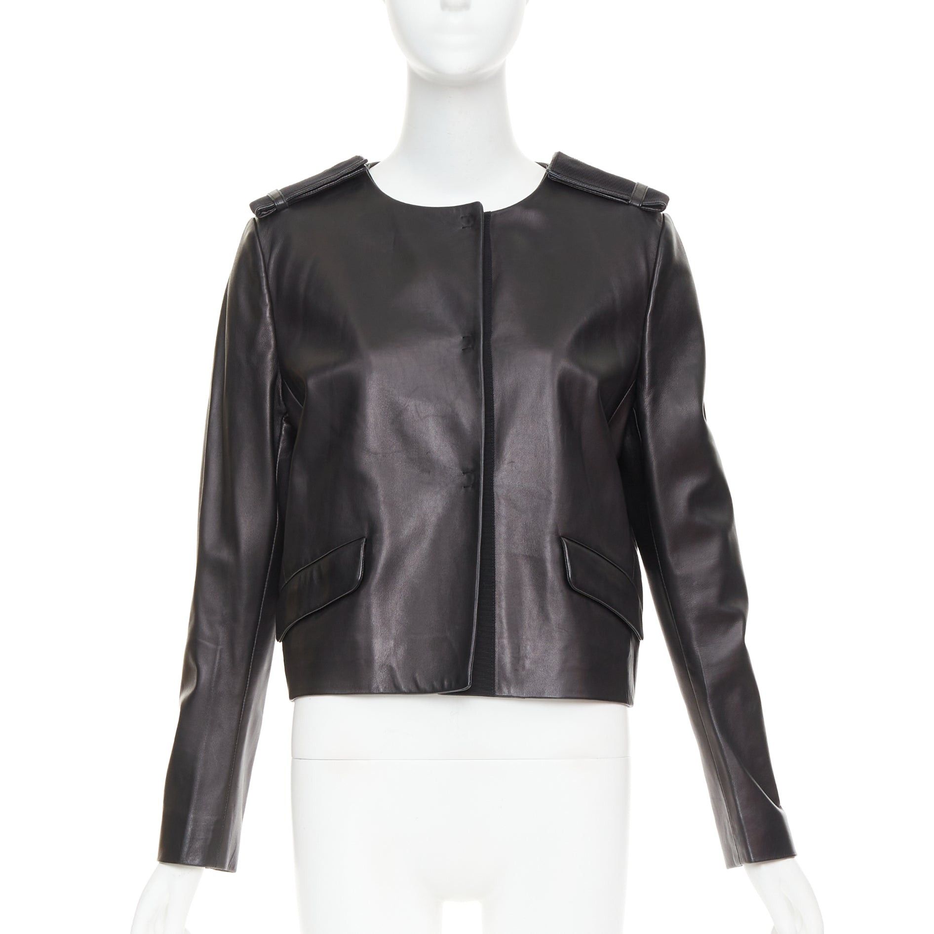 Prada PRADA 2015 black lambskin leather grosgrain trim cropped military jacket IT44 L Size M / US 6-8 / IT 42-44 - 1 Thumbnail