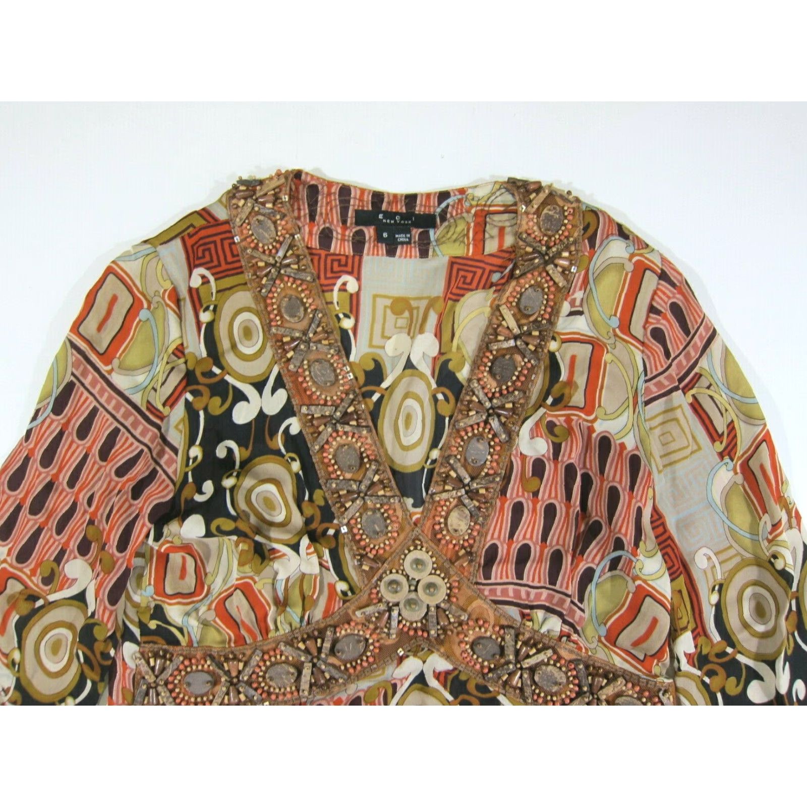 Vintage VINTAGE ECI New York 100% Silk Beaded Orange Brown V-Neck Long Sleeve Blouse Top Women 6 Size M / US 6-8 / IT 42-44 - 5 Thumbnail
