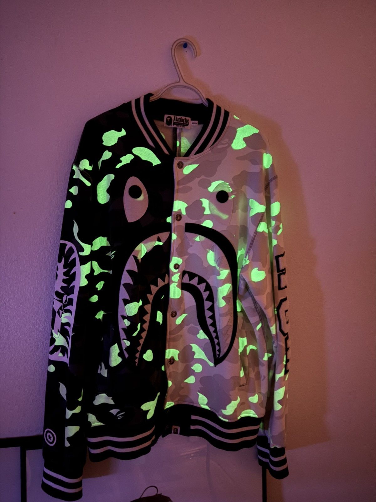 Bape City Camo Shark Sweat Varsity Jacket GLOW IN THE DARK