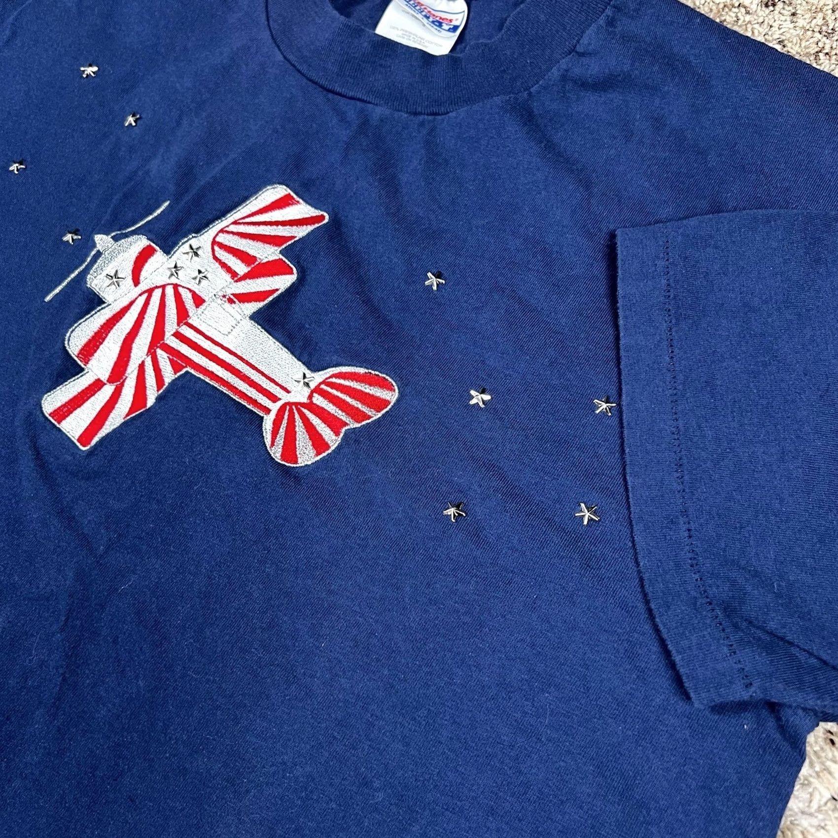 Hanes VINTAGE Hanes USA Patriotic Shirt Large Blue White Red Short Sleeve Crew Neck Cotton Embroidered Graphic Tee Size US L / EU 52-54 / 3 - 5 Thumbnail