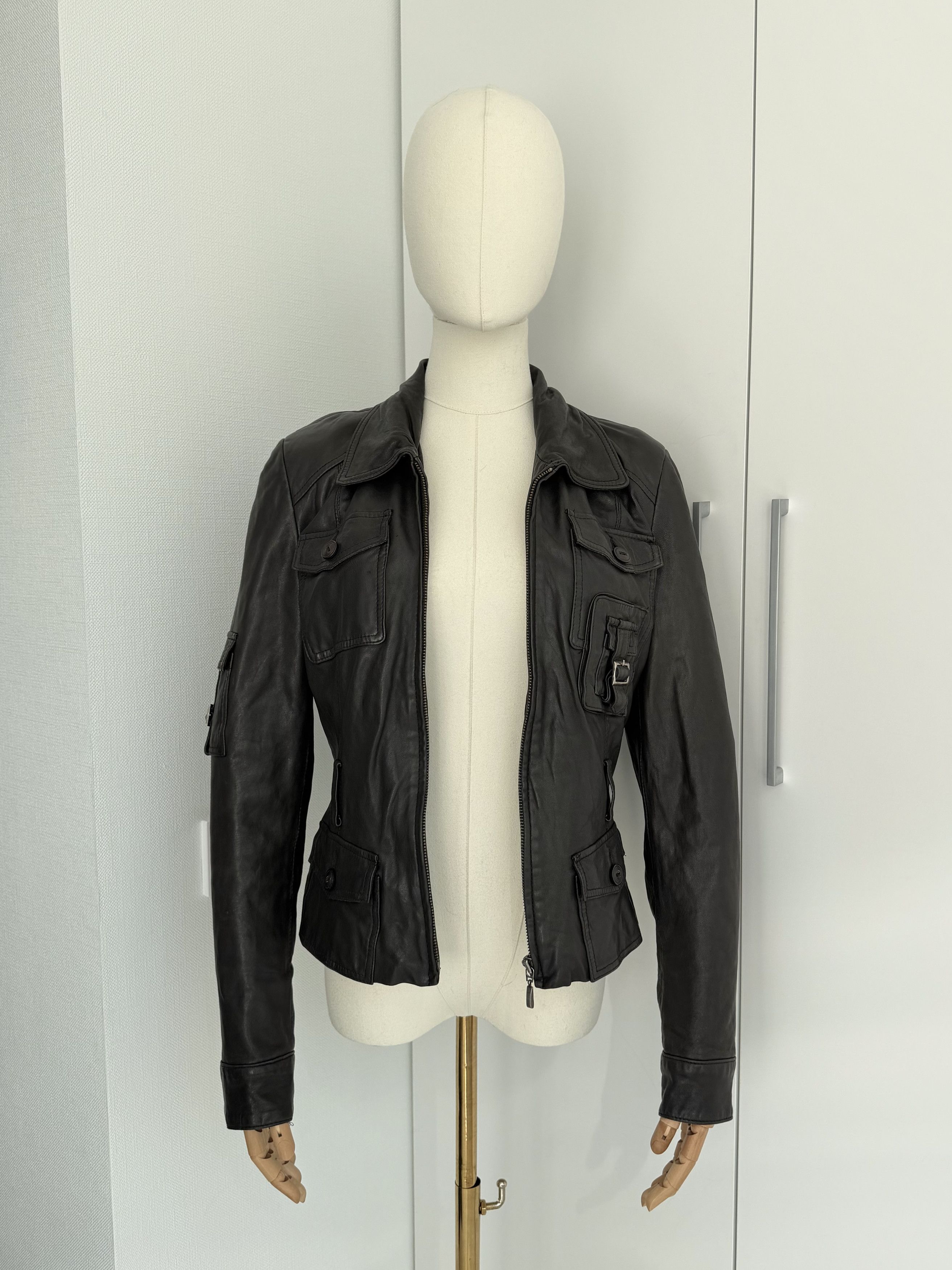 Vintage Y2K Leather Utility Moto Jacket Womens Fitted XS Zip Pocket Size XS / US 0-2 / IT 36-38 - 3 Thumbnail