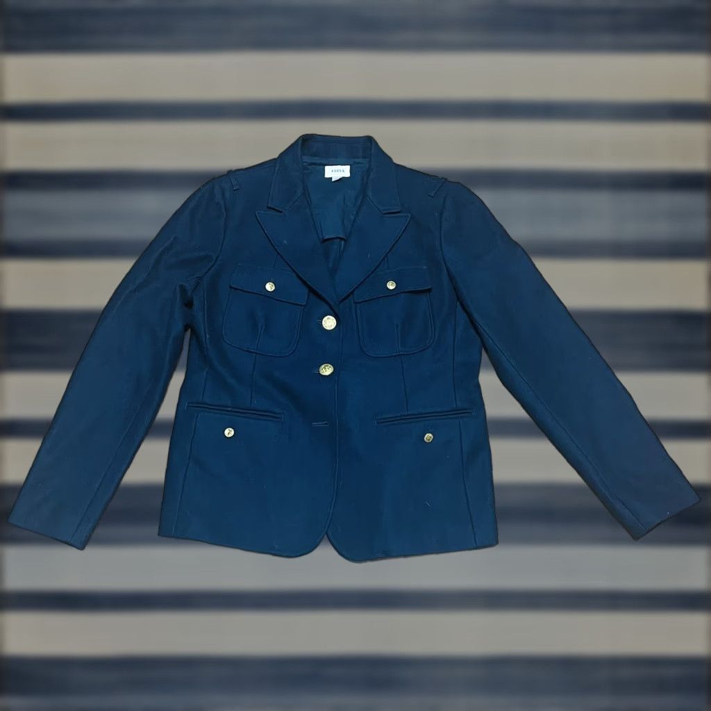 Fossil VINTAGE Fossil Navy Blue Button Up Jacket PeaCoat Sz Large Missing Button Women’s Wool Coat Capes? Size L / US 10 / IT 46 - 1 Thumbnail