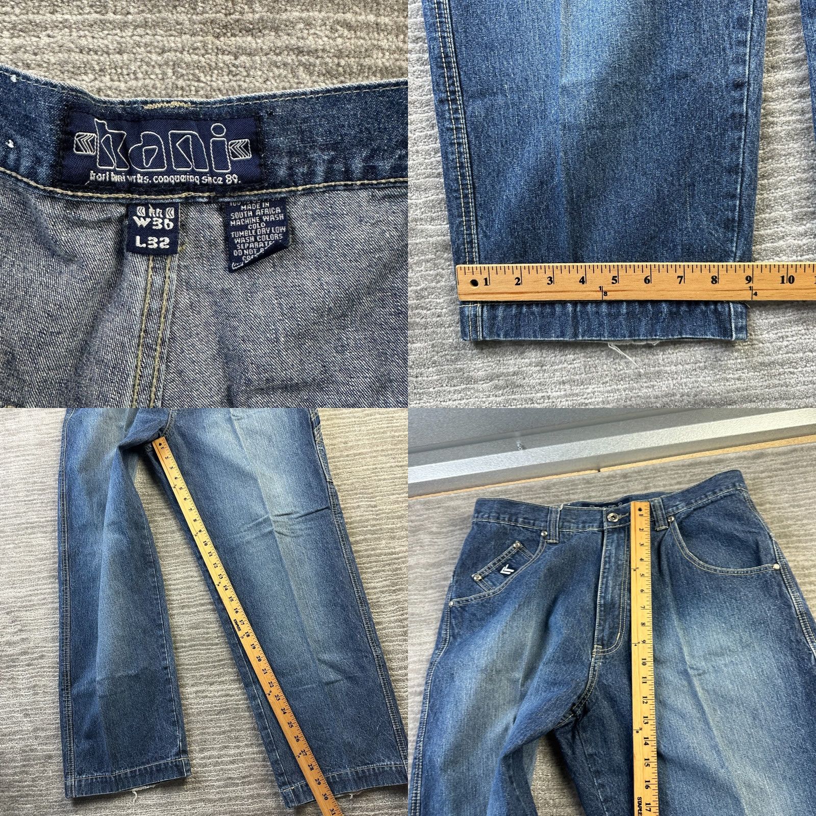 VINTAGE Kani Jeans Mens 36 Inseam 30 Blue Denim Pants Y2K Baggy Hip Hop–5-Pocket Design Straight Rise High 12in