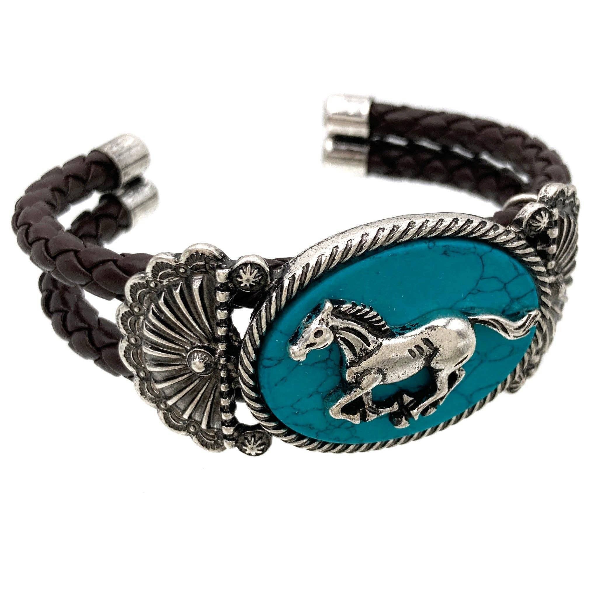 Other Horse Turquoise Stone Western Leather Open Bangle Bracelet Size ONE SIZE - 8 Thumbnail