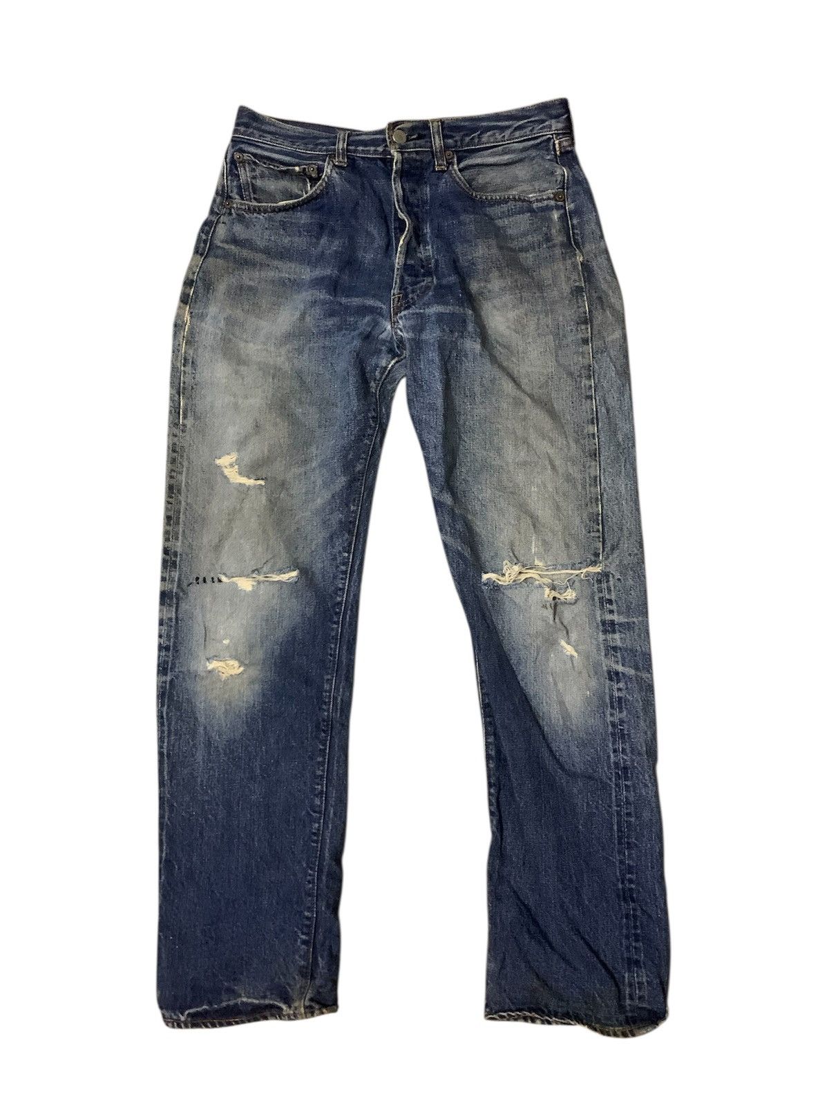 Vintage 60’s Stamp Button 6 Flare Distressed Denim Jeans