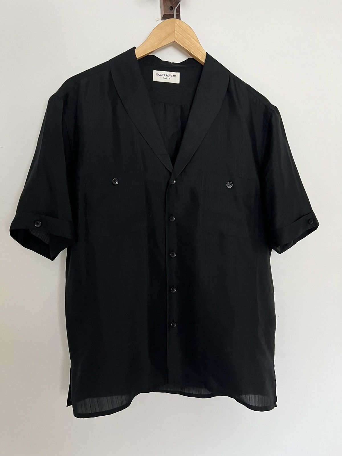 image of Saint Laurent Paris Silk Camp Shirt in Black, Men's (Size Medium)