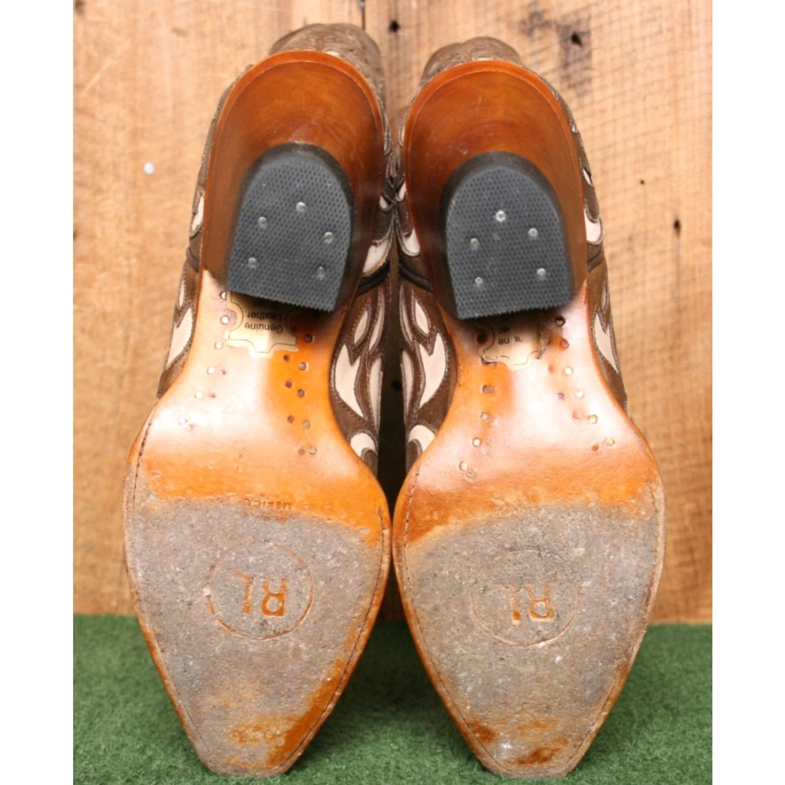 Vintage RL ROCKIN LEATHER Brown Beige Inlay 2.5" Wood Heel Western Cowgirl Boots Sz. 7B Size US 7 / IT 37 - 4 Thumbnail
