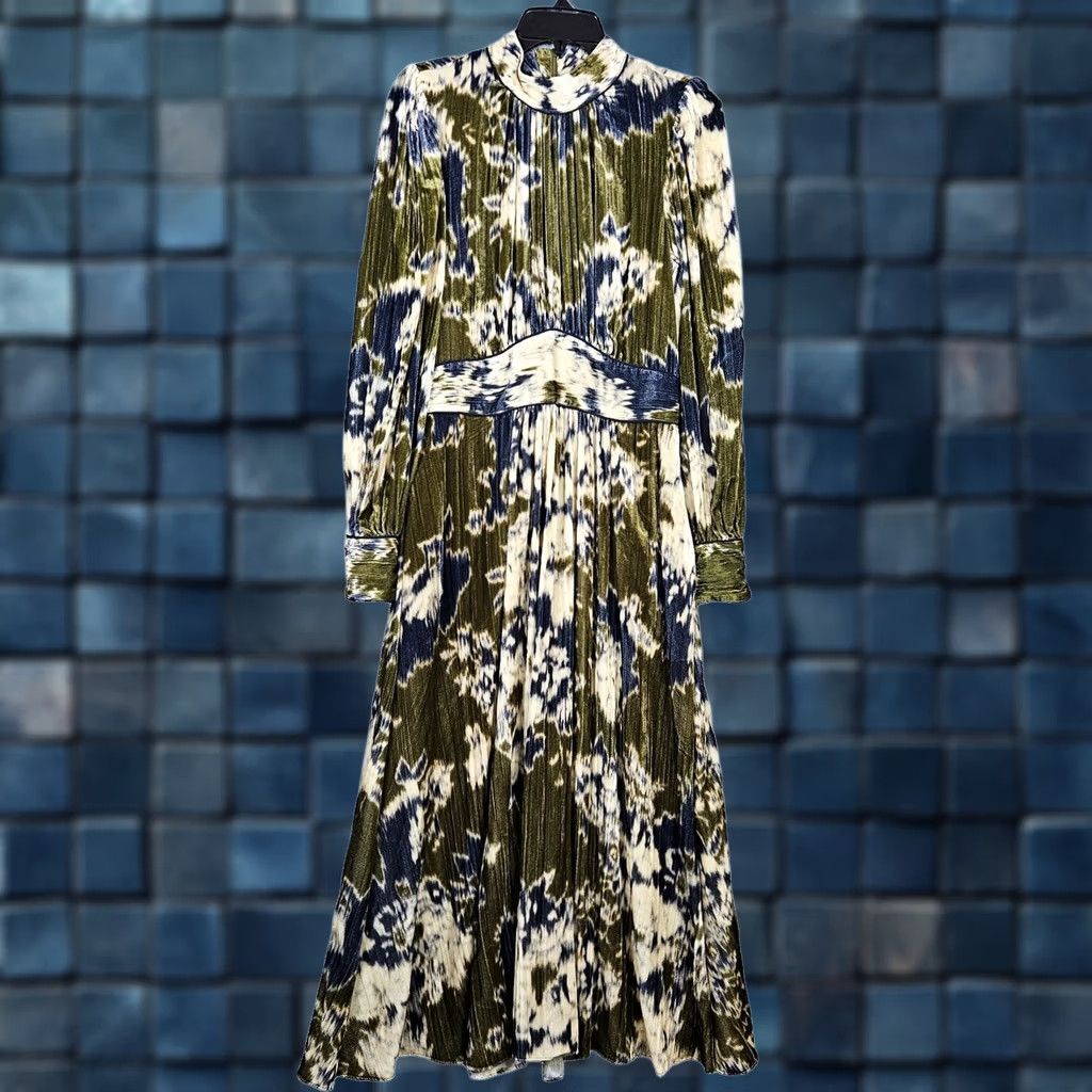 Jigsaw JIGSAW Glitched Ikat Velvet Khaki Green High Neck Midi Dress Women’s Sz 8 Size M / US 6-8 / IT 42-44 - 1 Thumbnail
