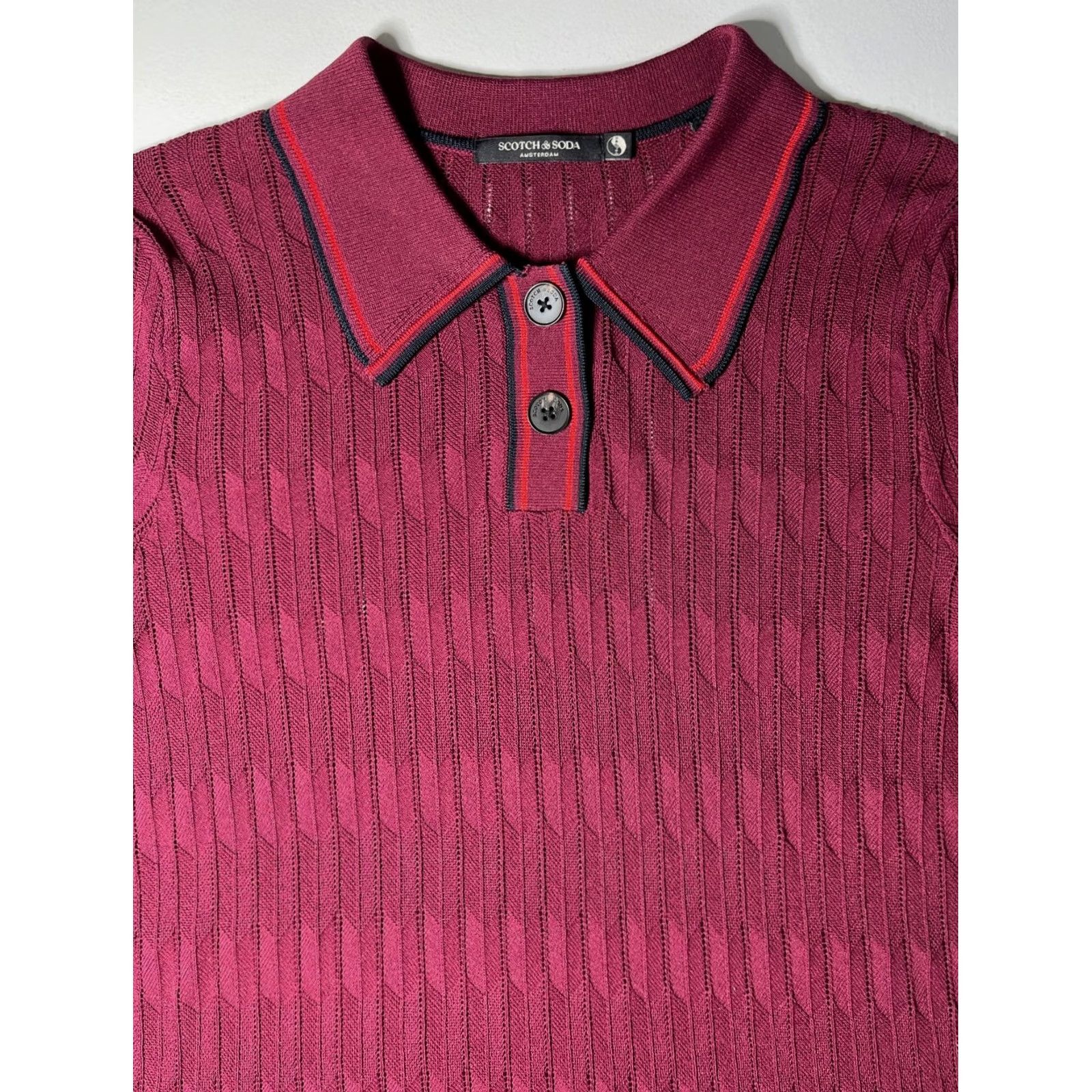 Scotch & Soda Scotch & Soda Women's Polo Shirt Wool Cable Knit Short Sleeve Pullover with Spread Collar Wine M Size M / US 6-8 / IT 42-44 - 4 Thumbnail