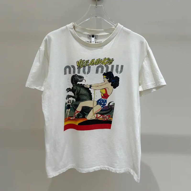 Miu Miu Miu Miu Cartoon Print White Cotton T-Shirt 0089 Size S / US 4 / IT 40 - 1 Thumbnail