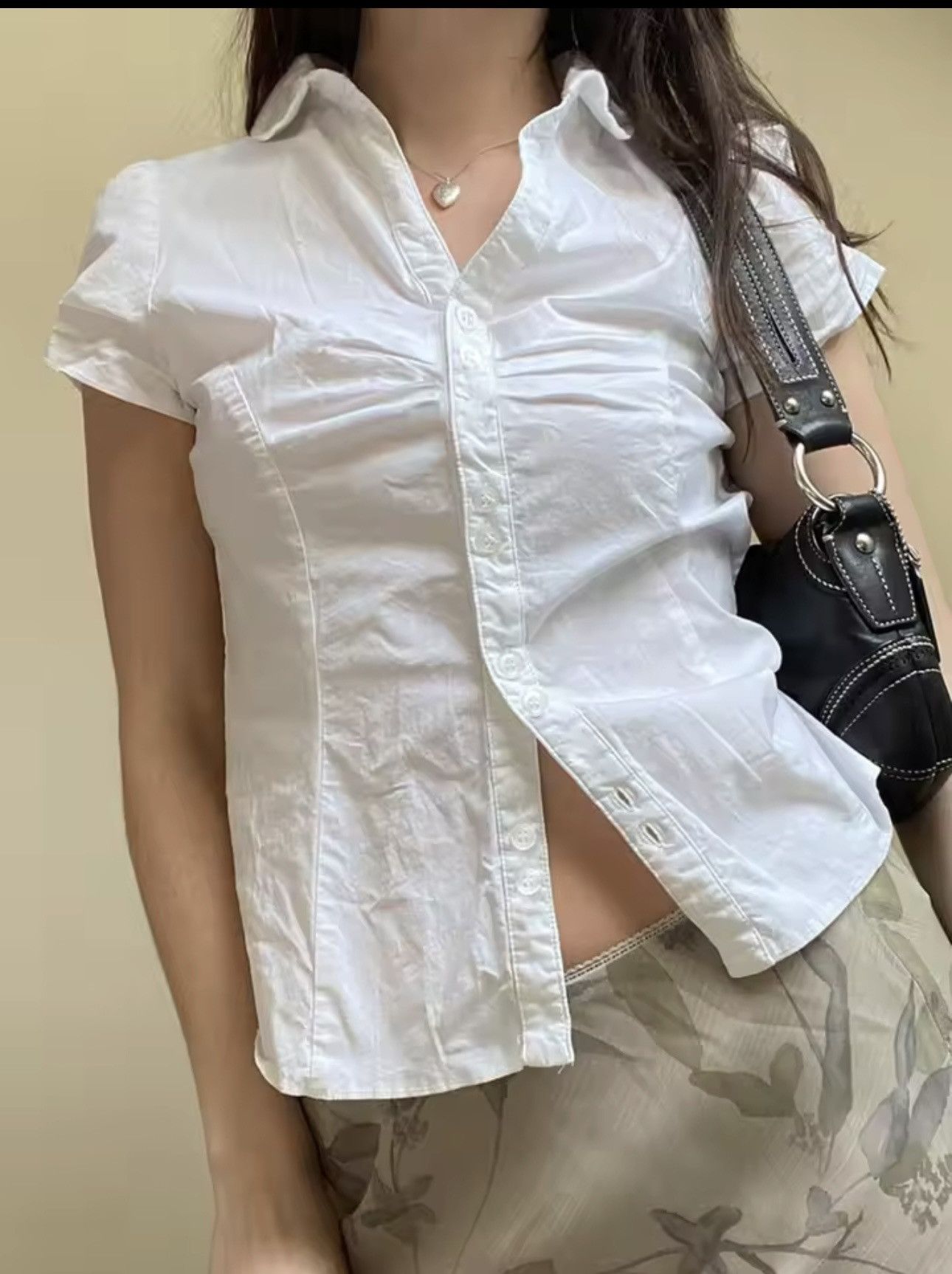 Other Solid Shirring Button Up Turn Down Collar Short Sleeve White Size S / US 4 / IT 40 - 1 Preview