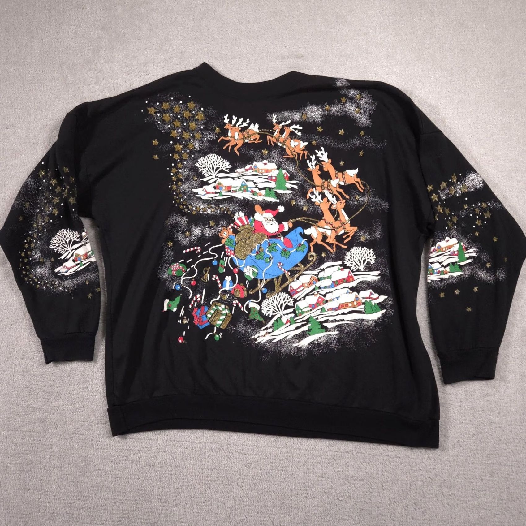 Vintage Santa Claus Christmas Sweatshirt Mens XL Black Glitter Graphic Fleece Pullover Size US XL / EU 56 / 4 - 2 Thumbnail
