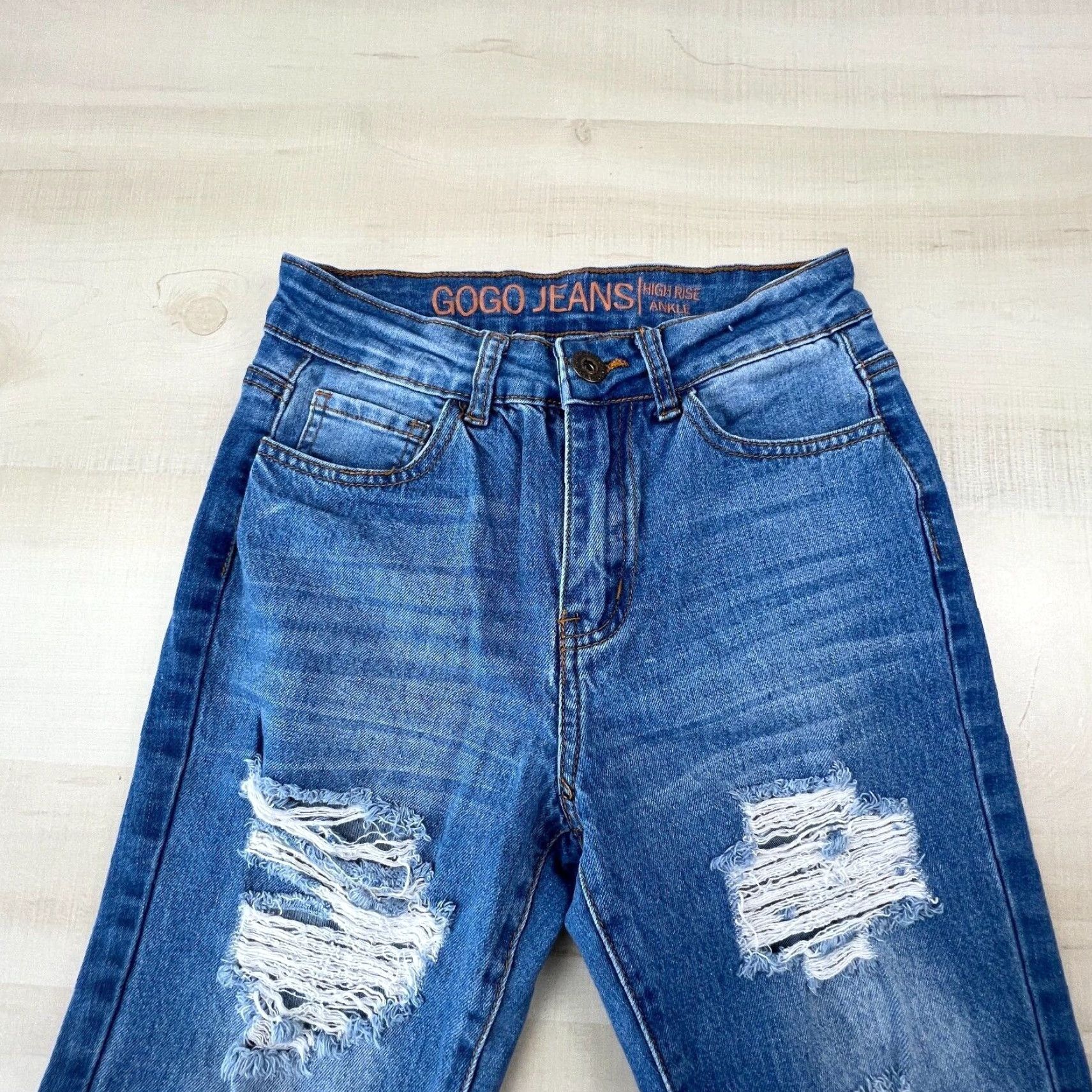 Vintage Gogo Women's Junior 5 Blue Distressed Skinny Jeans Ankle High Rise Denim Size 27" / US 4 / IT 40 - 2 Thumbnail