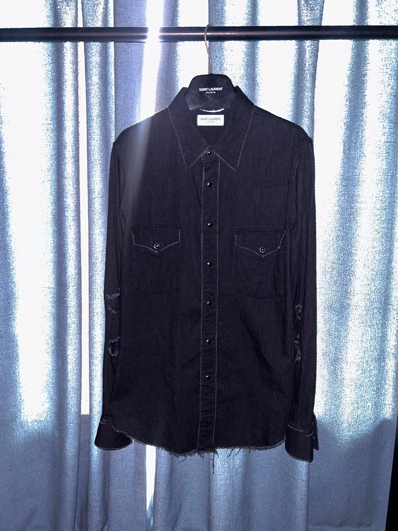 Saint Laurent Black Denim Distressed Shirt Jacket - Main Image