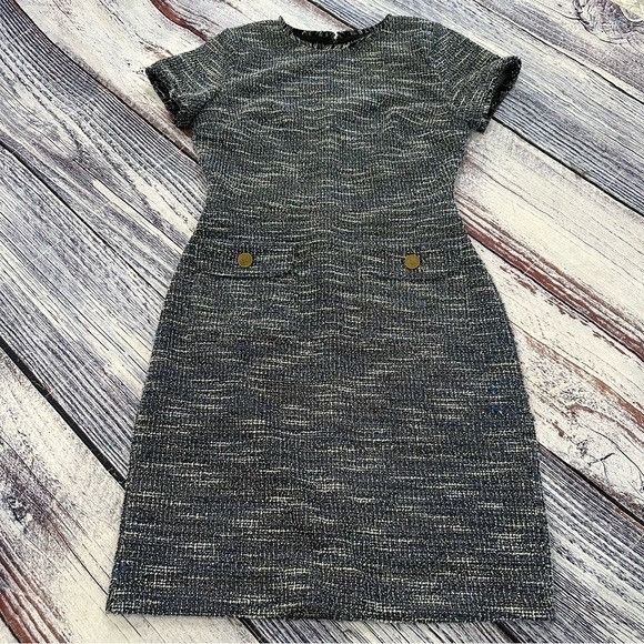 Loft LOFT Tweed Textured Blue Shift Dress with Front Pockets Size XS / US 0-2 / IT 36-38 - 2 Thumbnail