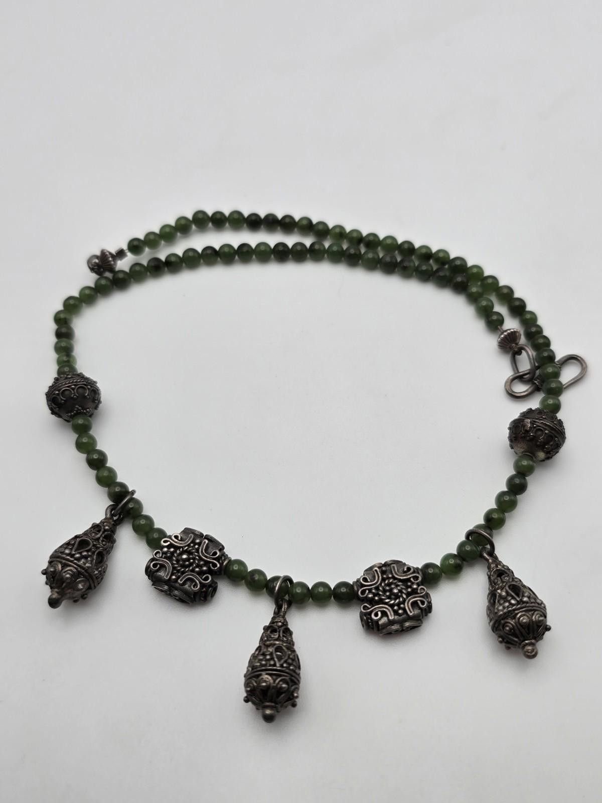The Unbranded Brand Vintage Sterling Silver & Jadeite Necklace Ornate Dangles Size ONE SIZE - 5 Thumbnail