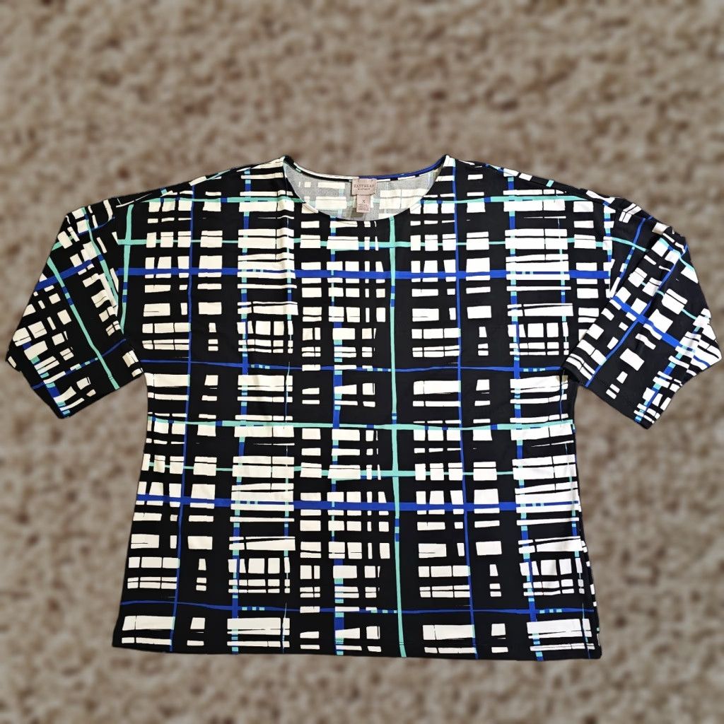 Vintage Chicos Top 3 Women XL Black Blue Plaid Abstract Stretch Slinky Casual Career Blouse Shirt Knit Polyester Round Neck 3/4 Sleeve Pullover Office Womens Size XL / US 12-14 / IT 48-50 - 1 Thumbnail