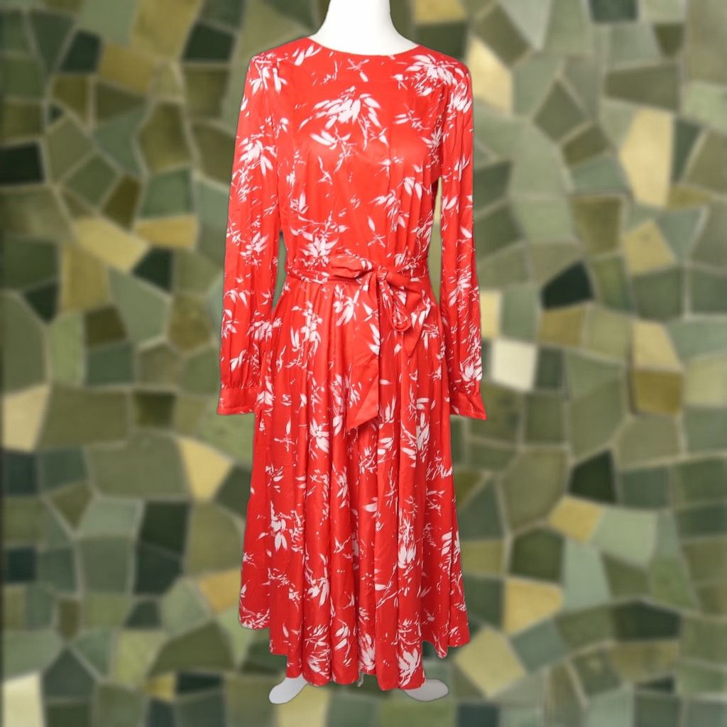 Vintage VINTAGE 70s red and white tropical leaf print A-line midi dress S Size S / US 4 / IT 40 - 1 Thumbnail