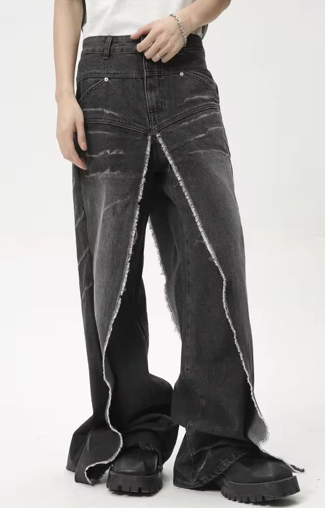 Stylish Trend Men Fake Two-Piece Pockets Black Jean