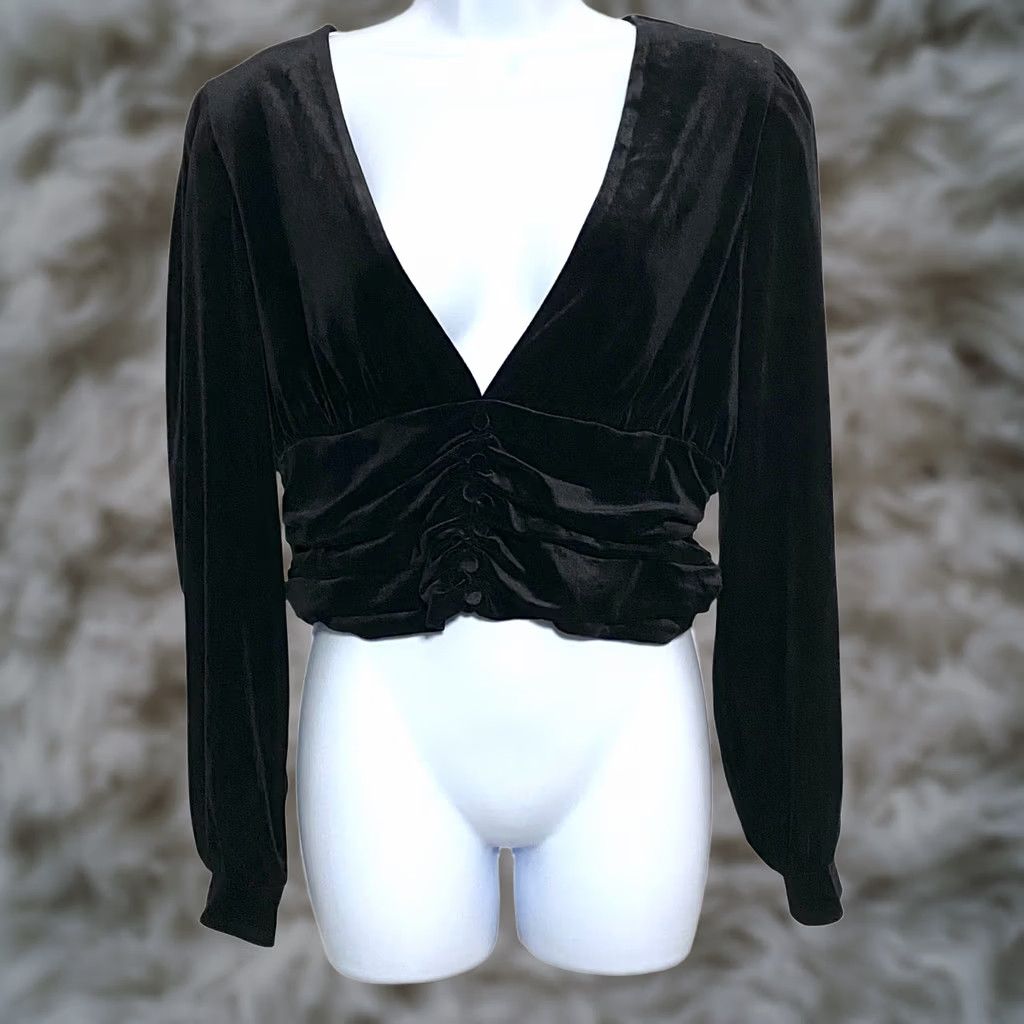 Express Express Blouse Womens M Black Velvet Deep V Neck Ruched Button Top Boho Chic NWT Size M / US 6-8 / IT 42-44 - 1 Thumbnail