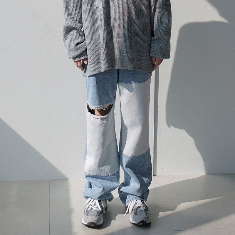 Japanese Brand Retro straight leg patchwork ripped jeans Size US 32 / EU 48 - 1 Thumbnail