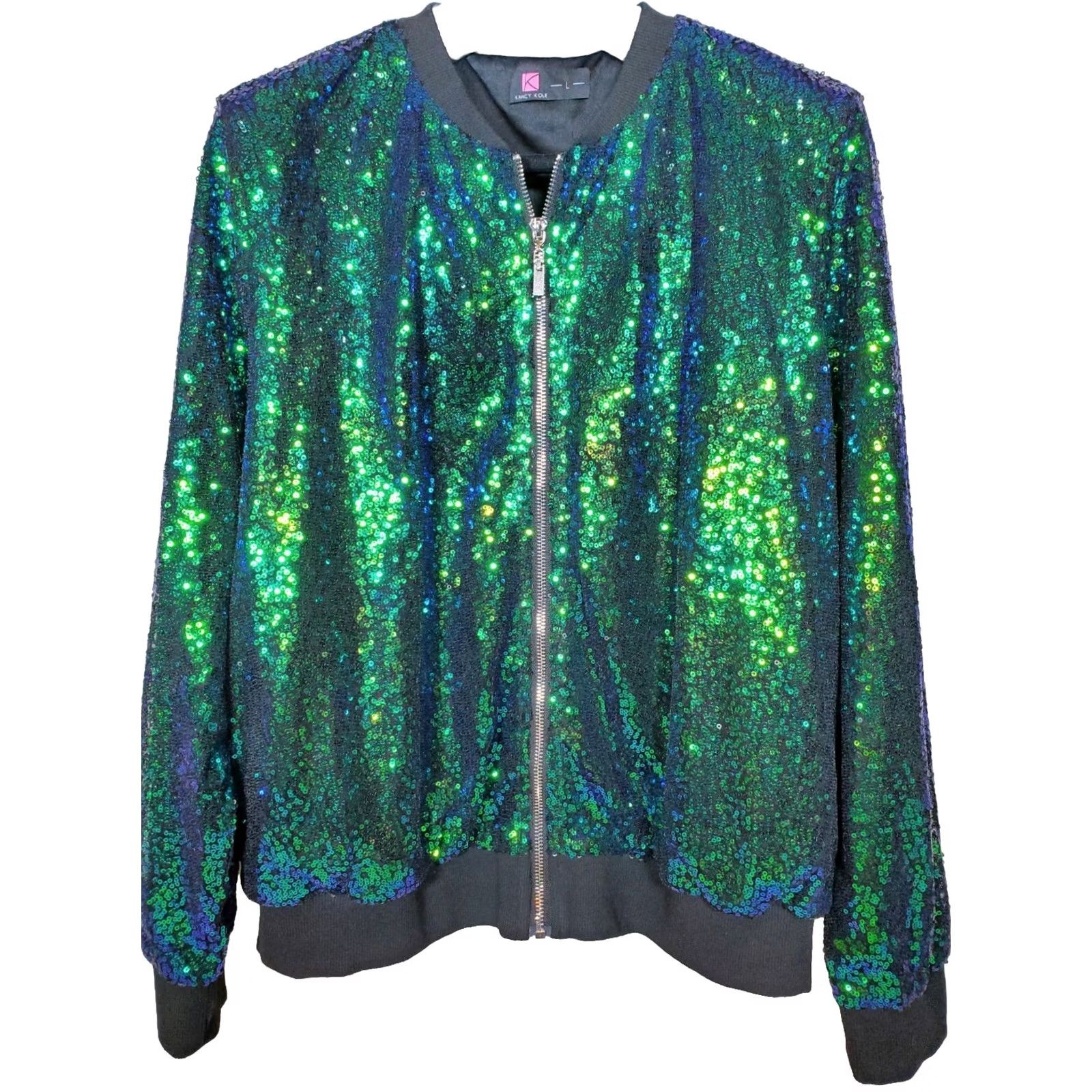Vintage Kancy Kole Green Sequin Front Zip Long Sleeve Party Bomber Jacket Women's L Size L / US 10 / IT 46 - 5 Thumbnail