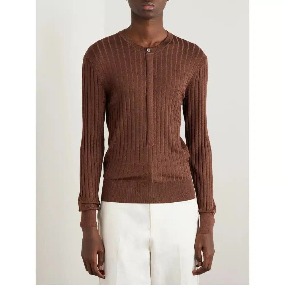 Tom Ford o1loc1c0625 KYL003 Silk Blend Henley T-Shirt in Brown Size US M / EU 48-50 / 2 - 3 Thumbnail