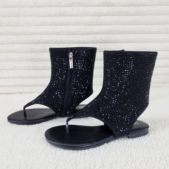 Other Just Doit Rhinestones Flat Bootie Thong Sandals Black (US Sh Size US 6 / IT 36 - 4 Thumbnail