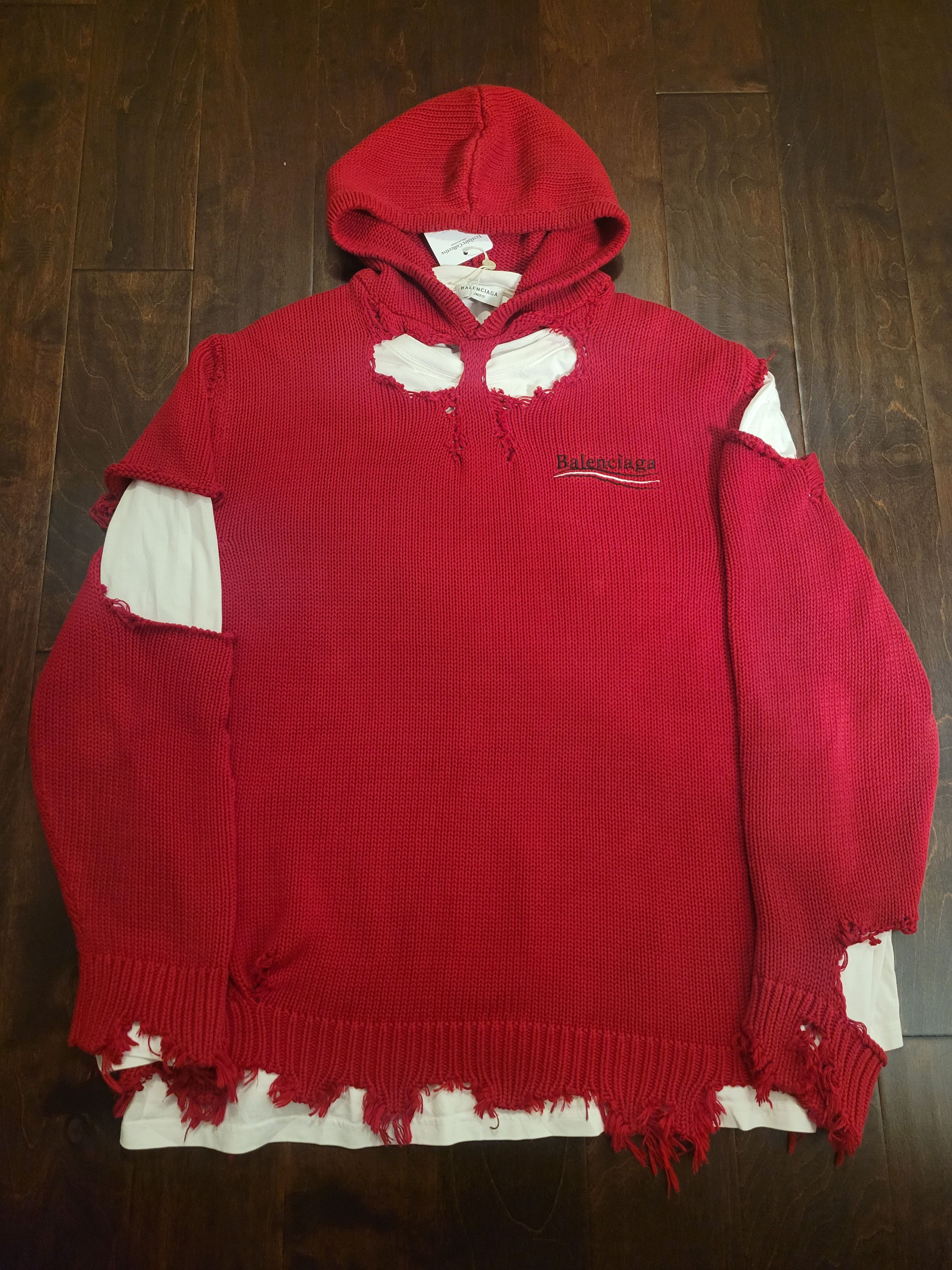 Image of Balenciaga Knit Red Campaign Distressed Destroyed Hoodie, Men's (Size Small)