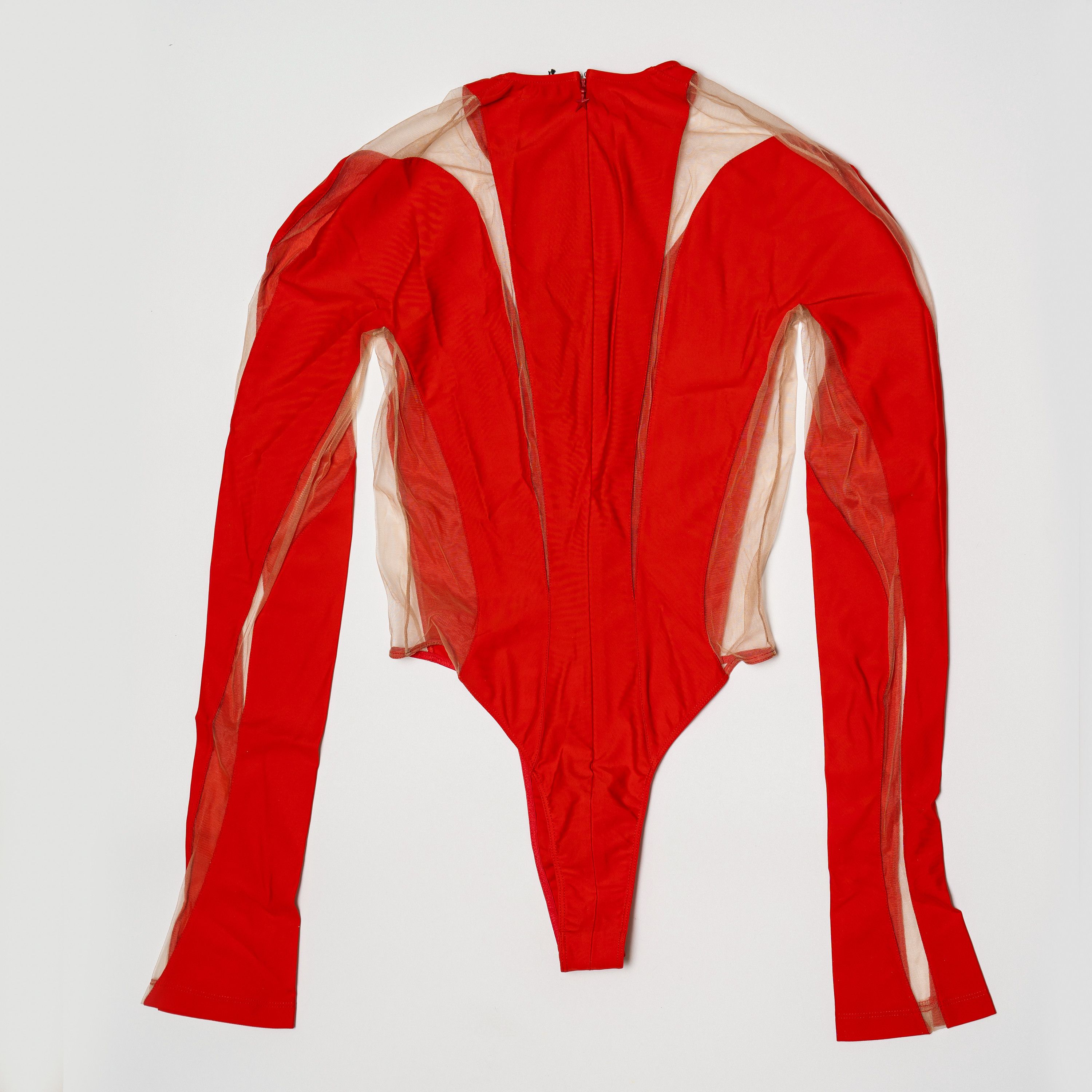 Mugler 40 L Mugler Long-Sleeve Sheer Panel Bodysuit Red Nude 01 Size L / US 10 / IT 46 - 4 Thumbnail