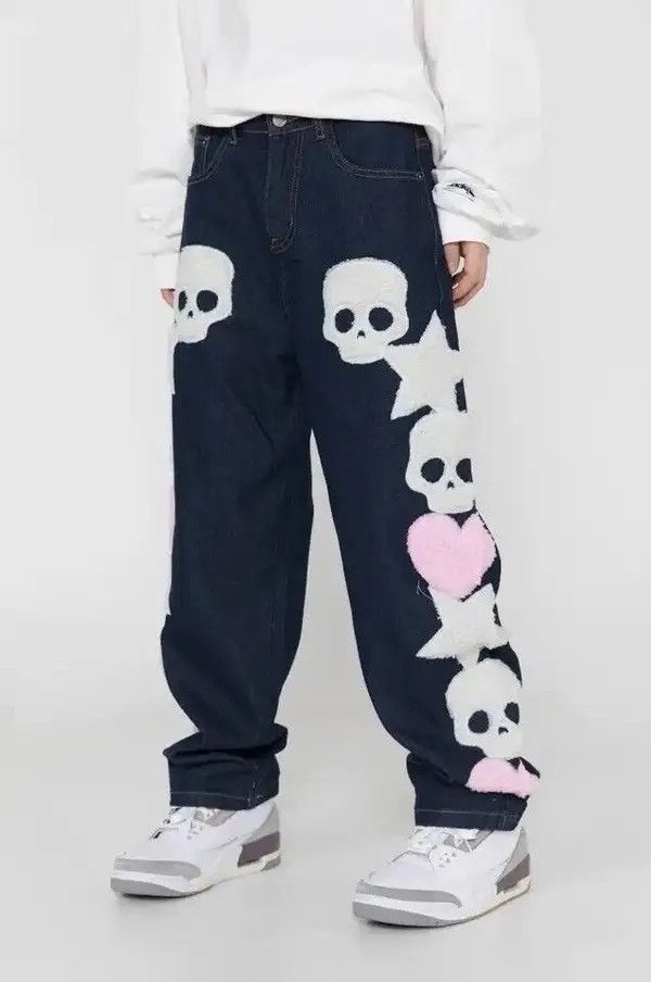 Skull Streetwear Denim Jeans Hip Hop Retro Skeleton