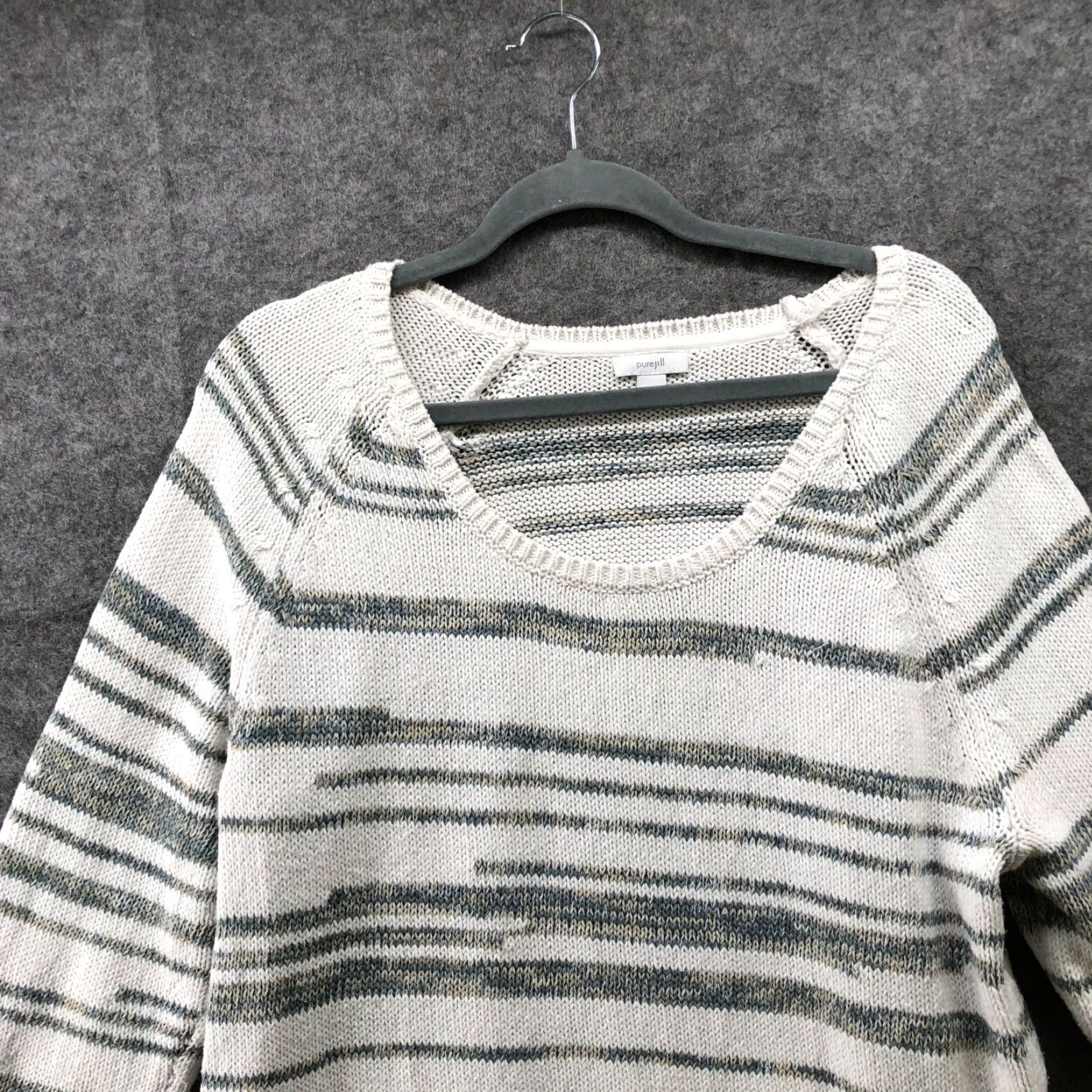 J. Jill VINTAGE J. Jill Cotton Sweater Womens M Scoop Neck Knit White Gray Stripe Pullover Size M / US 6-8 / IT 42-44 - 3 Thumbnail