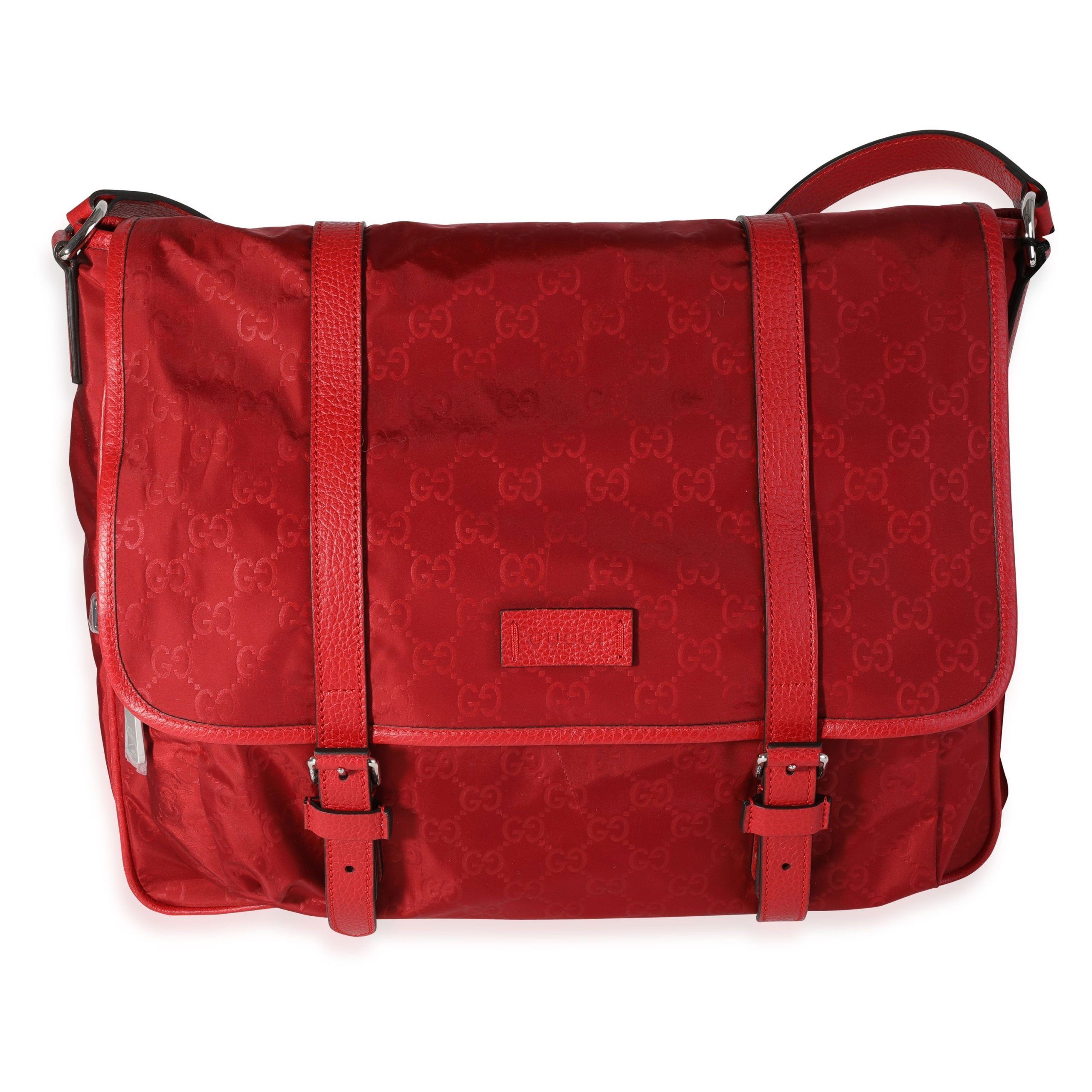 Gucci Red Nylon Double Buckle Flap Messenger Bag